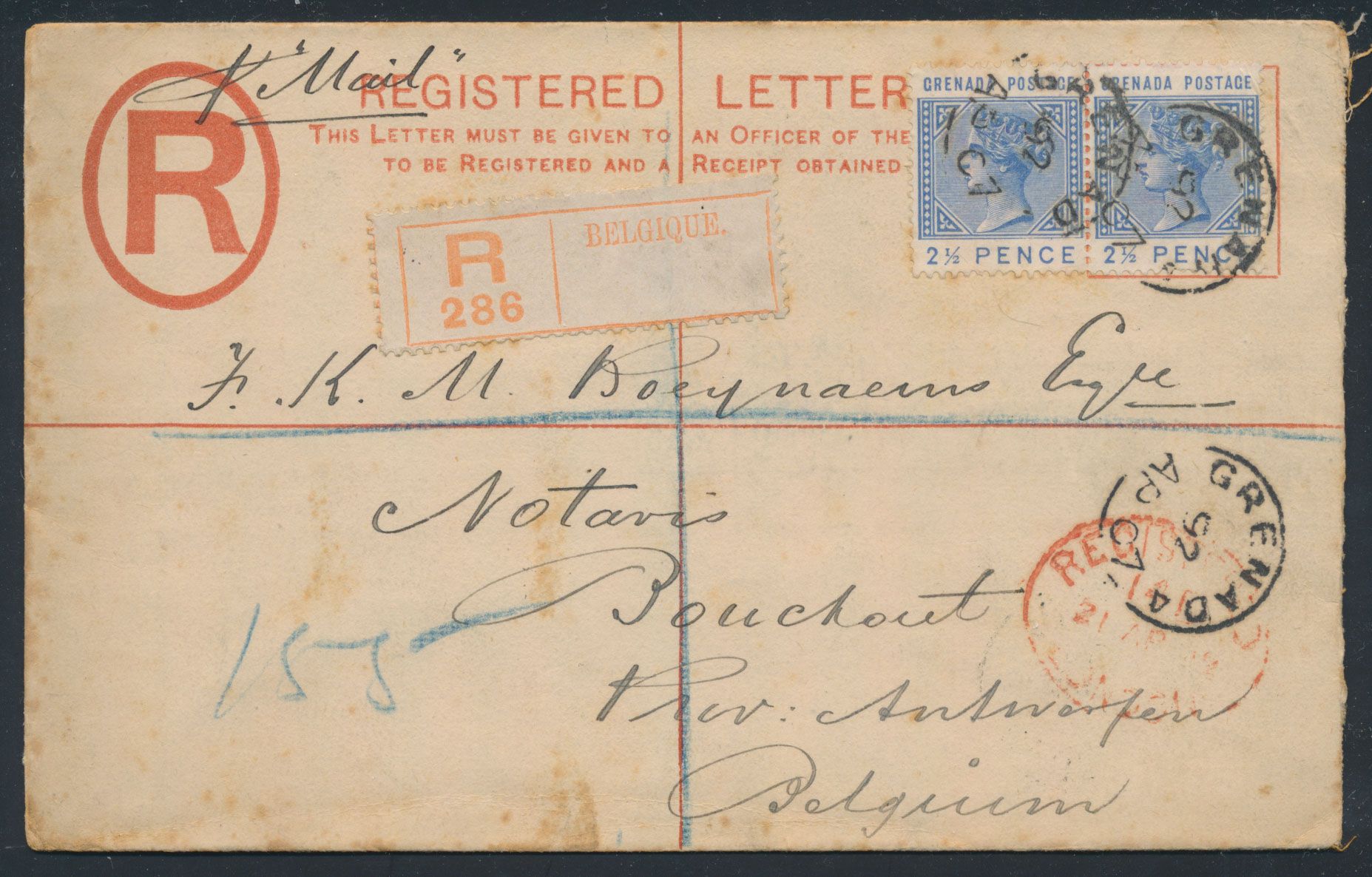 1892 Aangetekende brief (PWST two pence) naar Antwerpen met bijfrankering 5 pence (paartje 1/2 pence), wat smoezelig, maar redelijke kwaliteit, m