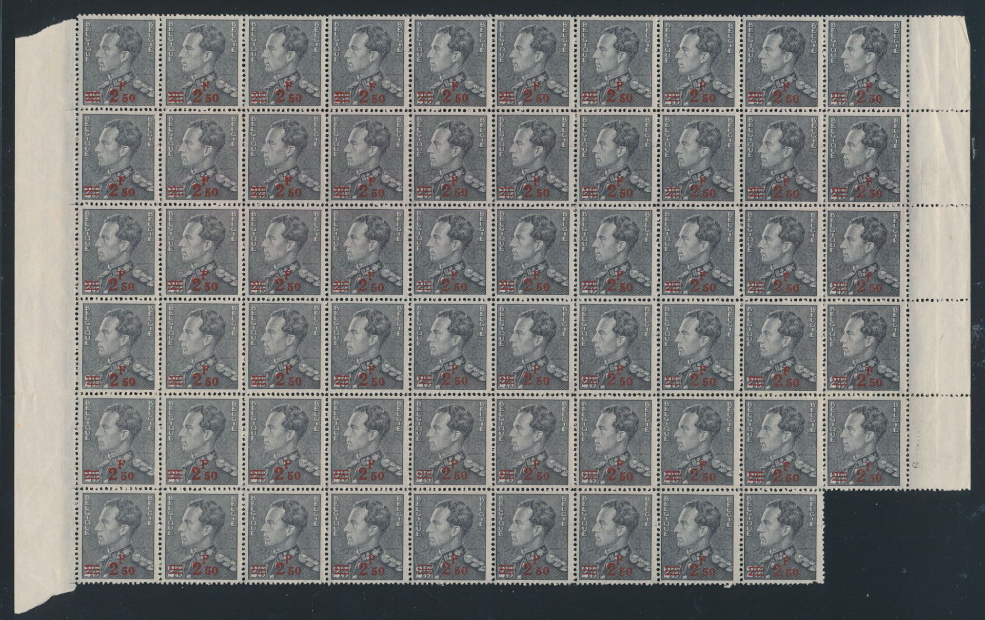 No 478a '2,50 Fr sur 2,45 Fr gris-noir' (lot de 59, déchargé sur la perforation) avec marque de gomme (1 timbre 1 perforation manquante), tb/m (OBP €2,213).