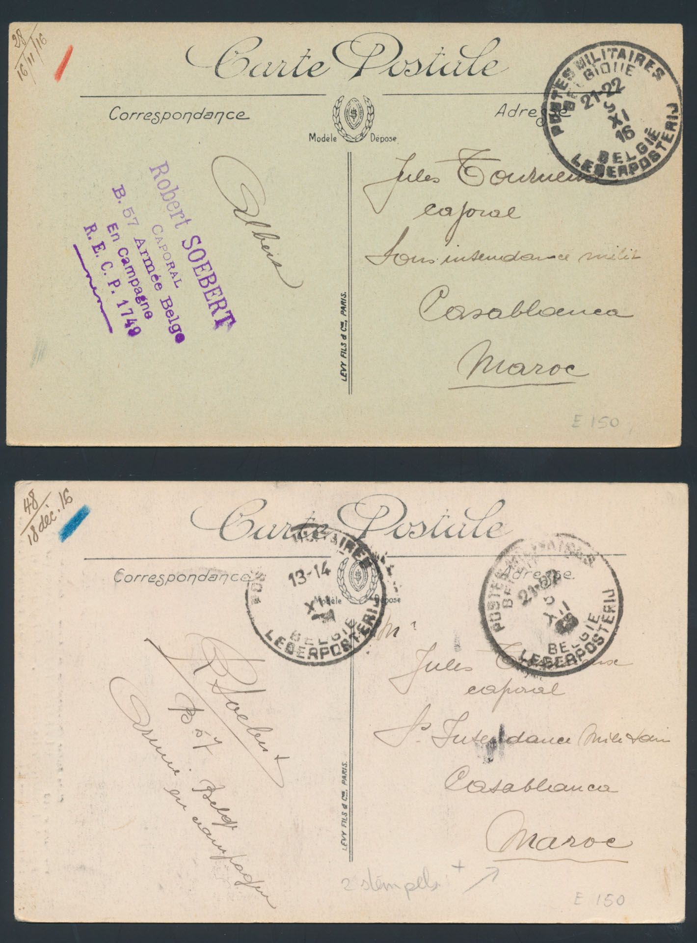 1916, 2 zichtkaarten verstuurd uit ABC/ België Legerposterijen, naar Casablanca/ Marokko, afzender 'B 57/ ABC' met aankomststempel, zm.