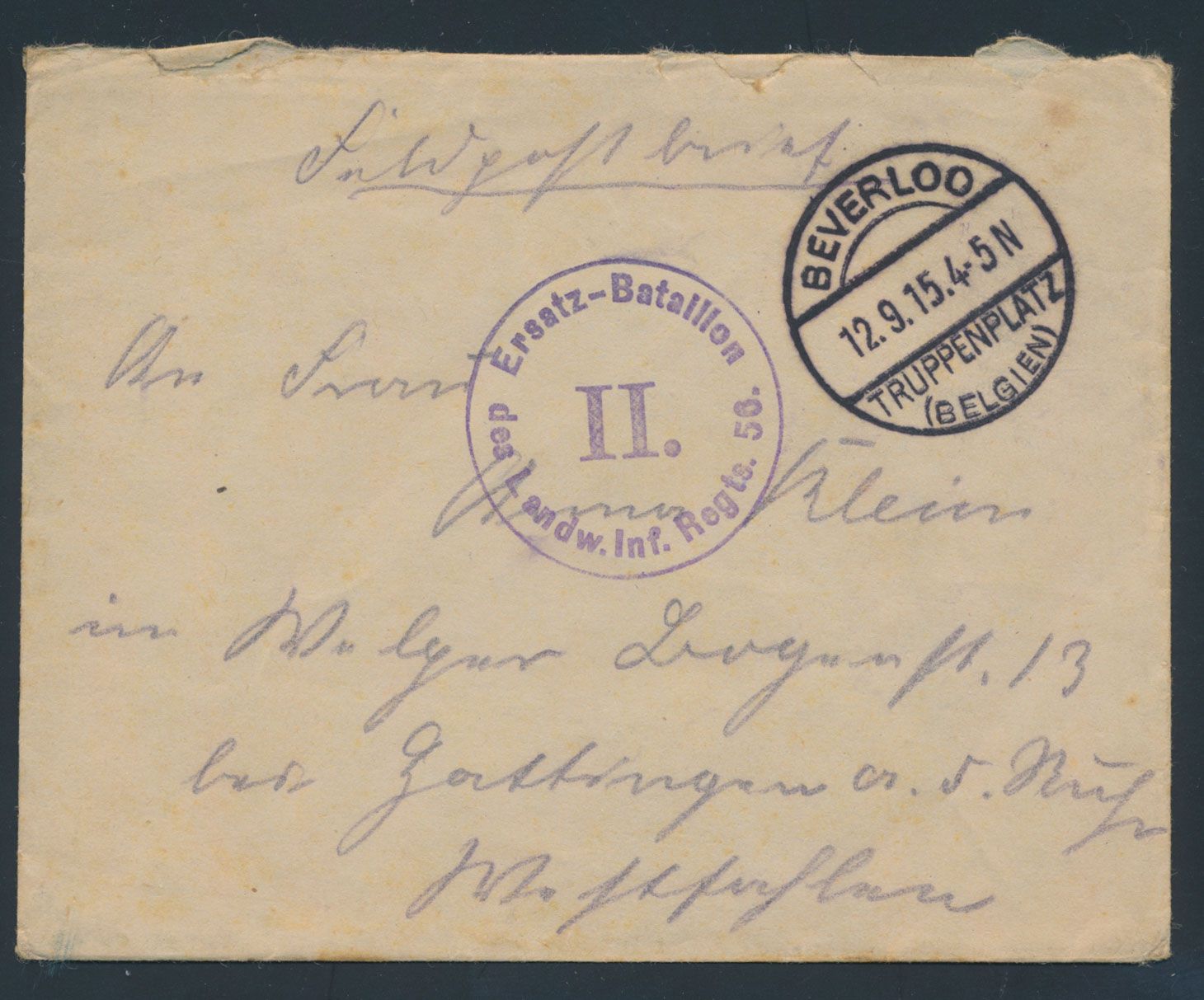 1915, Veldpostbrief verstuurd uit Beverloo naar Duitsland,met rondstempel Ersatz- Bataillon Des Landw. Inf. Regts 56 II, zm.