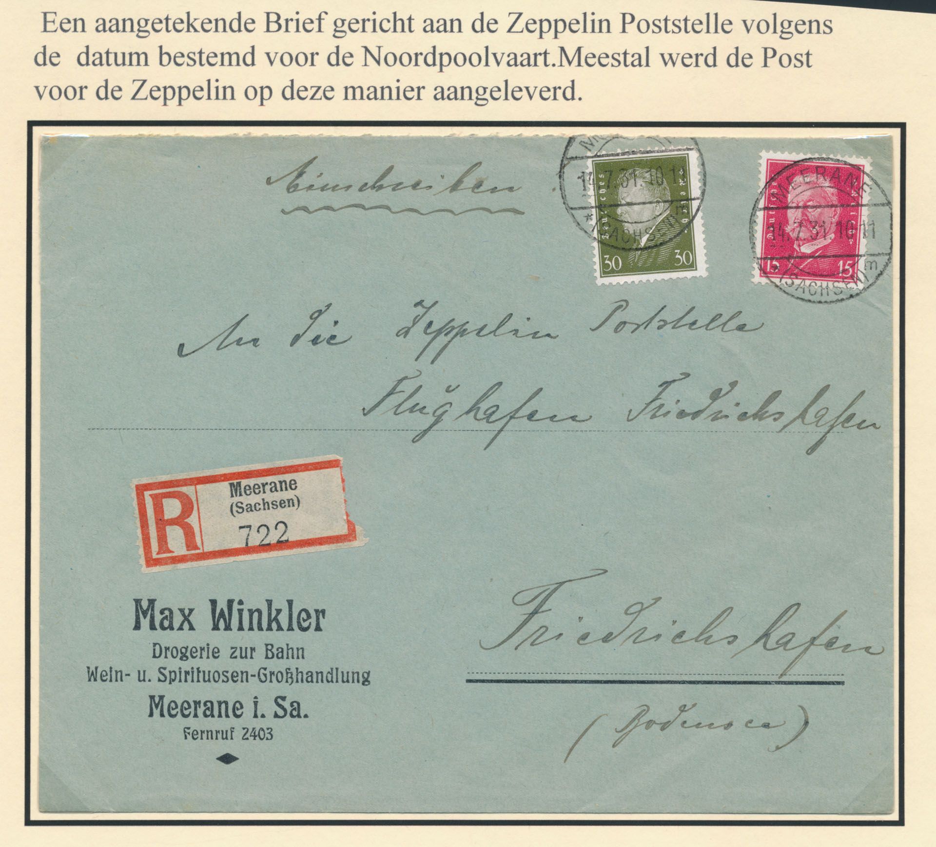 1931 Lettre recommandée adressée à la Zeppelin Poststelle destinée à la navigation arctique, avec description, tb 