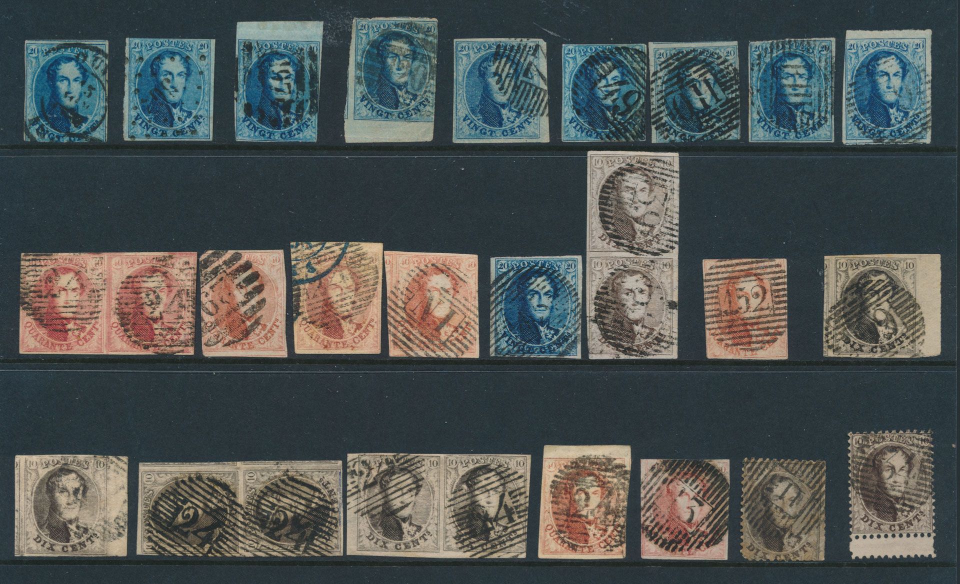 Lot d'accumulation de médaillons non dentelés : 26x dont 4 paires - dentelés : 2x (D115 et 1 bordure de feuille inférieure), quelques belles oblitérations (cachet à points, Dca, P152, D39...), quelques marges, à regarder attentivement, zm/m/ntz