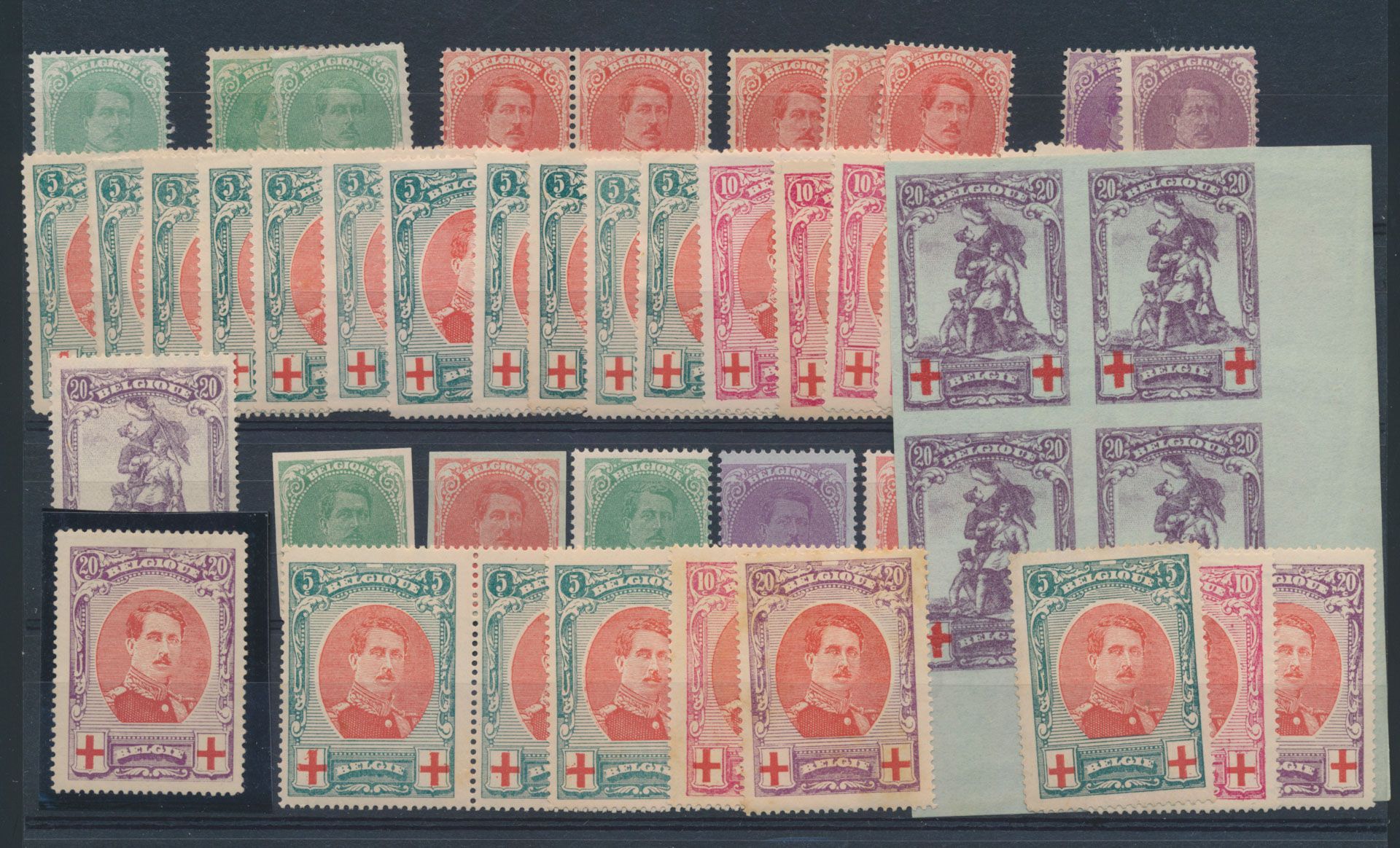 Kleine samenstelling Rode Kruis 1914/1915 met verschillende tandingen, variëteiten, curiositeiten, etc., zm/m/ntz