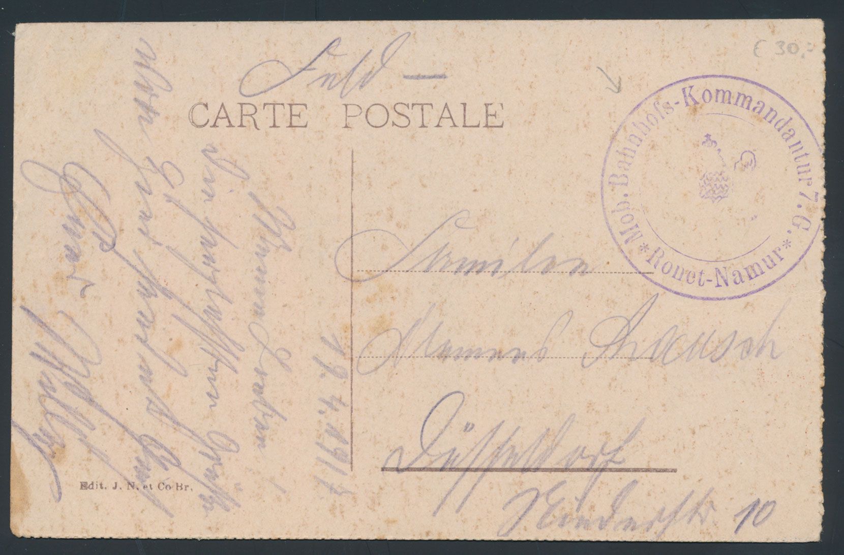 1917, zichtkaart van Namur naar Duitsland met rondstempel Mob. Bahnhofs- Kommandatur 7.G. in violet, zm.