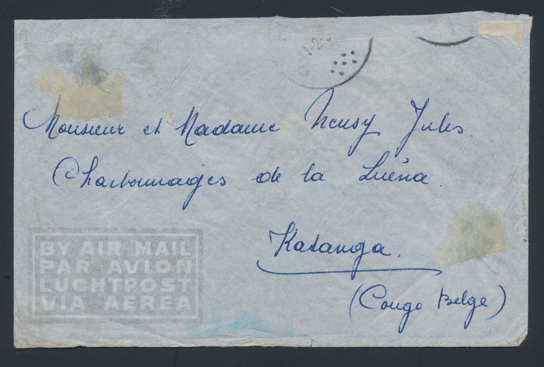 1955, crash airmail of Rome / Italy, airmail cover (part, top cut) sent from Belgium to Luena / Belgian Congo, 3 straight-lines mark in violet 