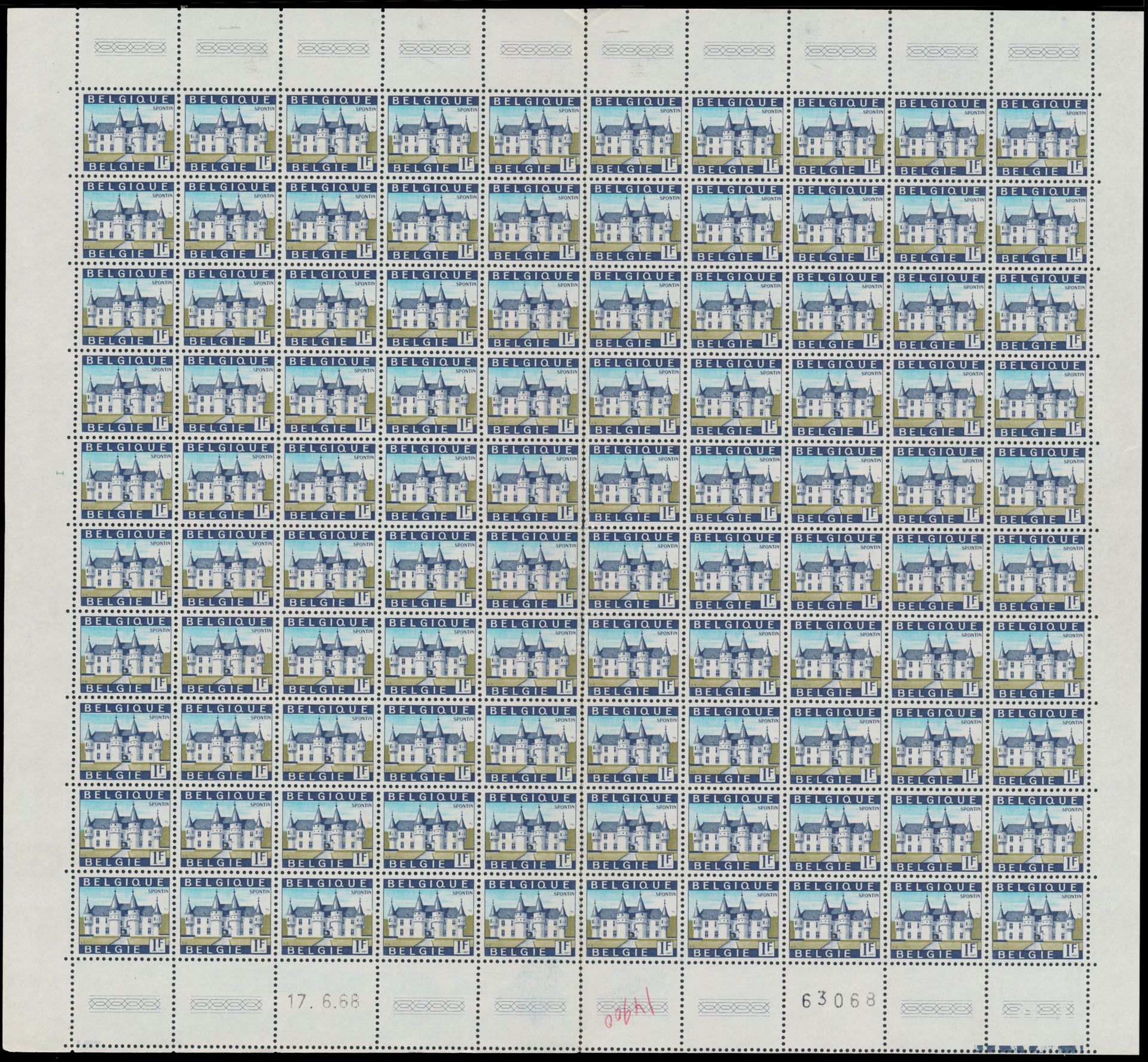 N° 1423 P.3 '1 Fr Spontin' (vel van 100) fosfor papier (in het midden is het vel gelost op de tanding), zm/m (OBP € 8.000)