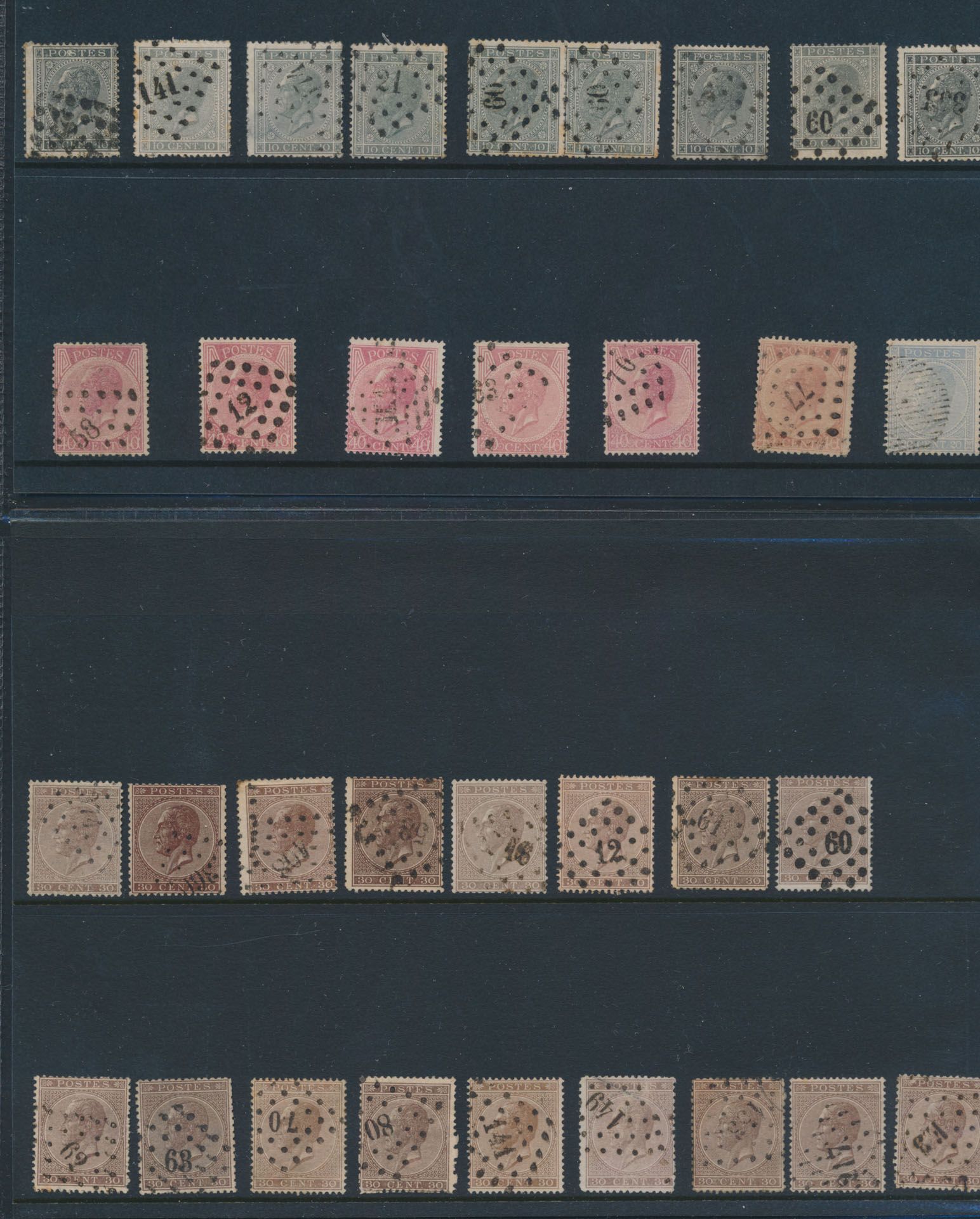 N° 17 (7 ex. and 1 pair), 18 (1 ex. 18 bars), 19 (17 ex.), 20 (6 ex.), nice material for curiosities, some cancellations and colour shades (especially for the N° 19), vf
