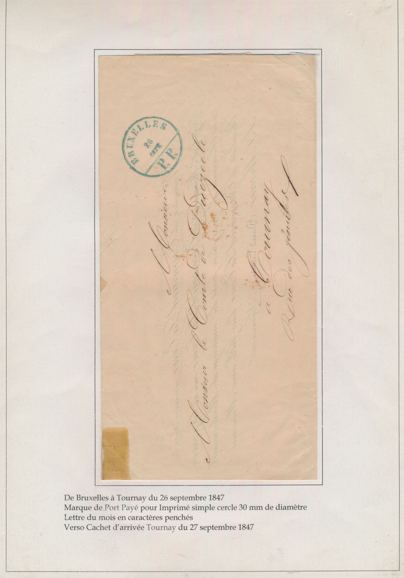 Drukwerkstempels, samenstelling 7 drukwerken met Bruxelles P.P., verschillende types, vanaf 1847 op bladen, zm/m/ntz