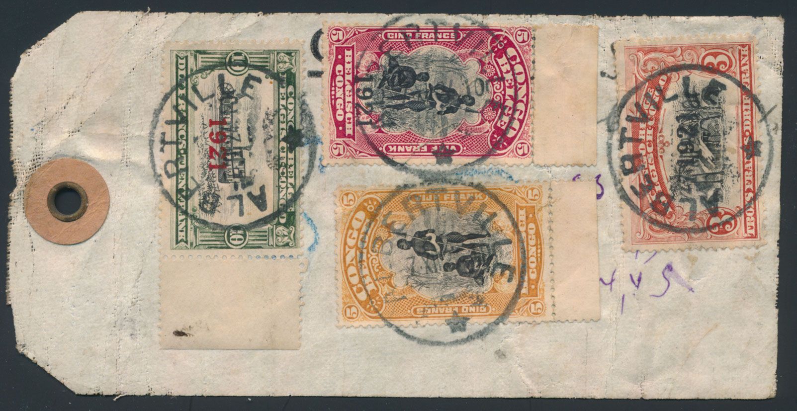 1924, Paketschein mit 5Fr orange Mols Zweisprachig 1915, 3F, 5F und 10F Mols Erholung 1921 gestempelt Albertville (Keach Typ 5), auf Rückseite 2 Briefmarken (50c & 1F Erholung 1921) die anscheinend nachträglich hinzugefügt wurden, f/zu prüfen