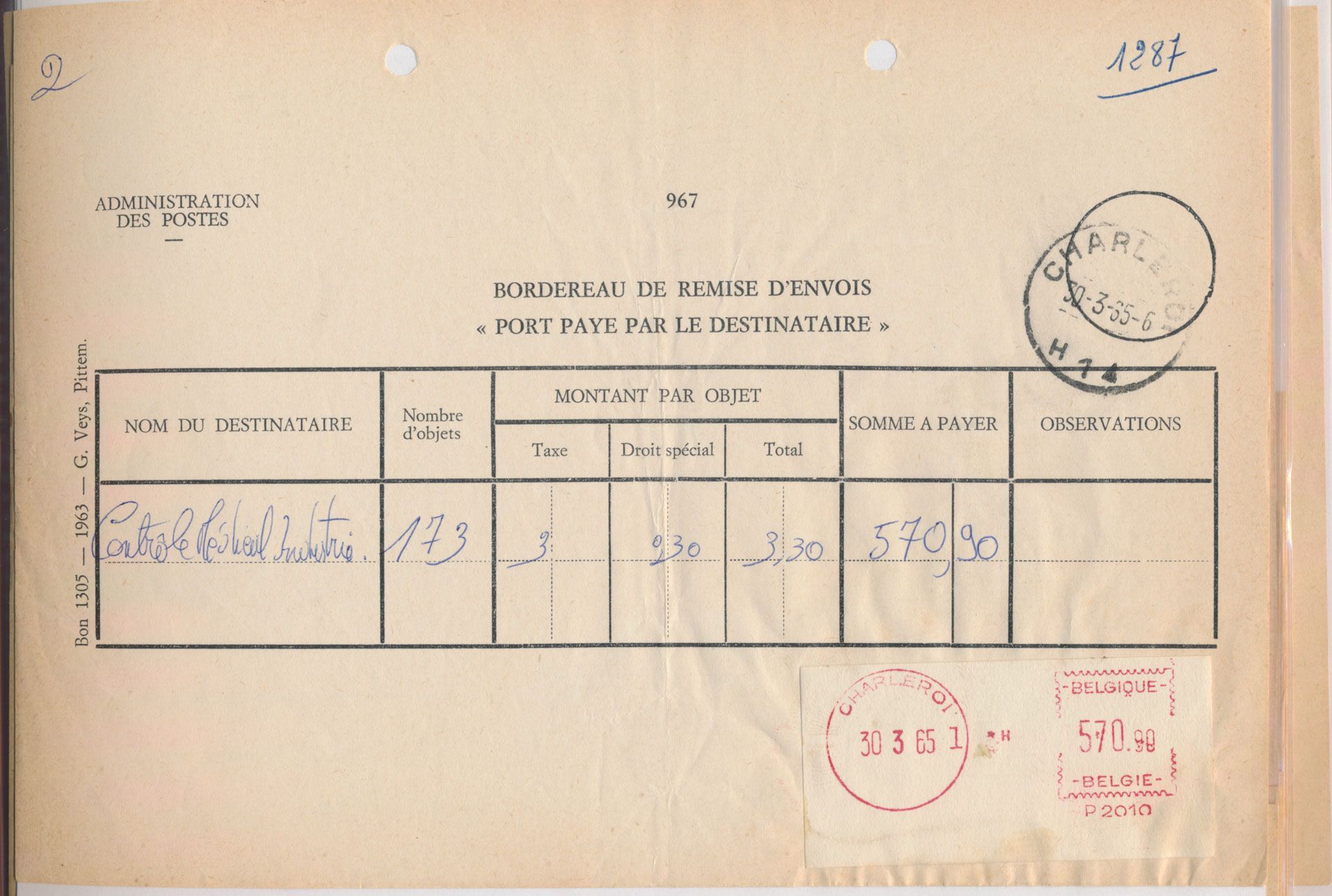 Bordereau de remise d'envois 1965 (27 stuks), gefrankeerd met vignetten in rood, alle uit Charleroi, zm/m/ntz.