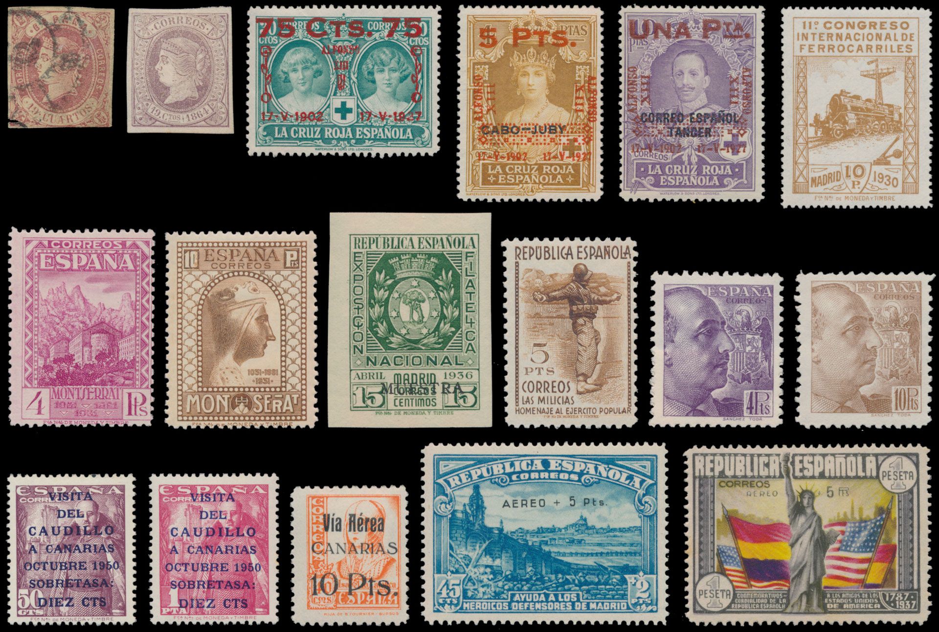 1851/1968, extensive collection in 2 albums, with many better stamps, some forgeries among classic, good 1920s, 1930 Ferrocarilles *, Montserrat (complete but perforations mixed), 1950 Caudillo 16 1/2 mm **, LP, local stamps, souvenir sheets including Yv 9, 13/16 almost all in nice quality, high perforation, vf/to be checked.
