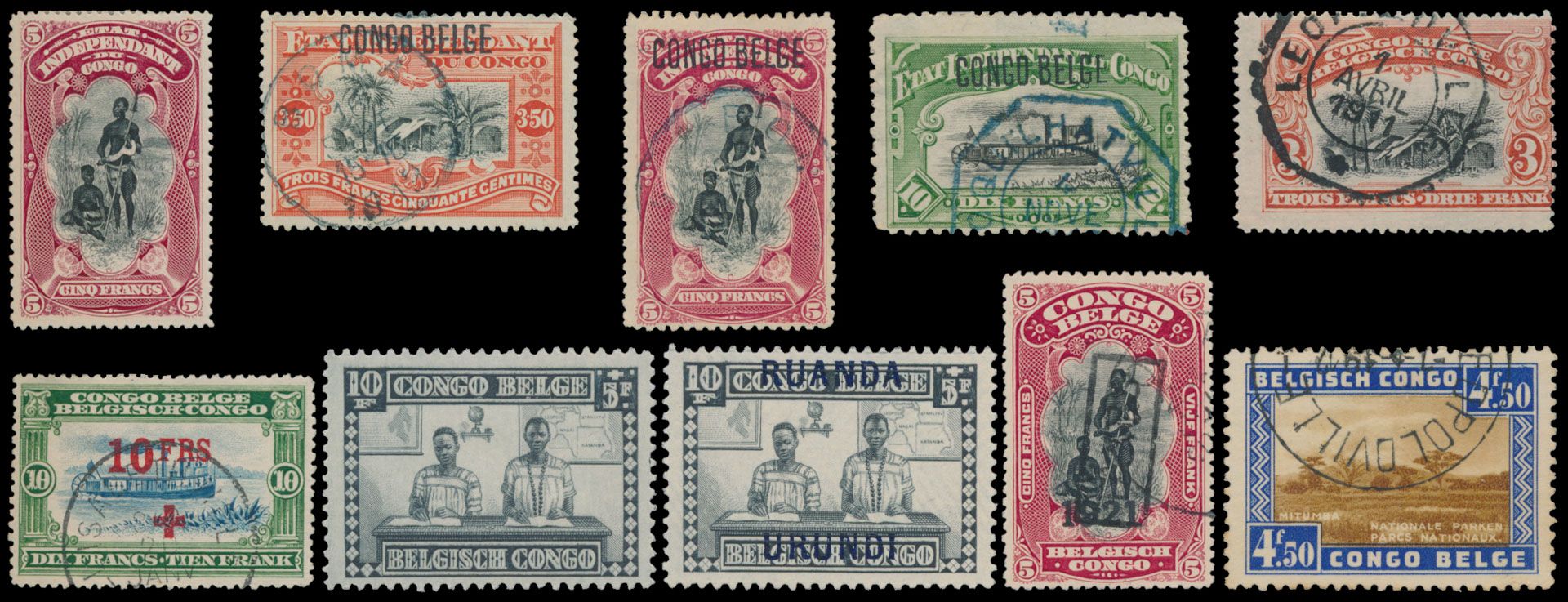 1886/1976, collection of Congo Free State, Belgian Congo, Rep of Congo, Ruanda-Urundi and Katanga in 2 green Prinet albums, full sets, TAXES overprints on Mols, nice cancellations (postal and telegraphical), vf/f/to be checked