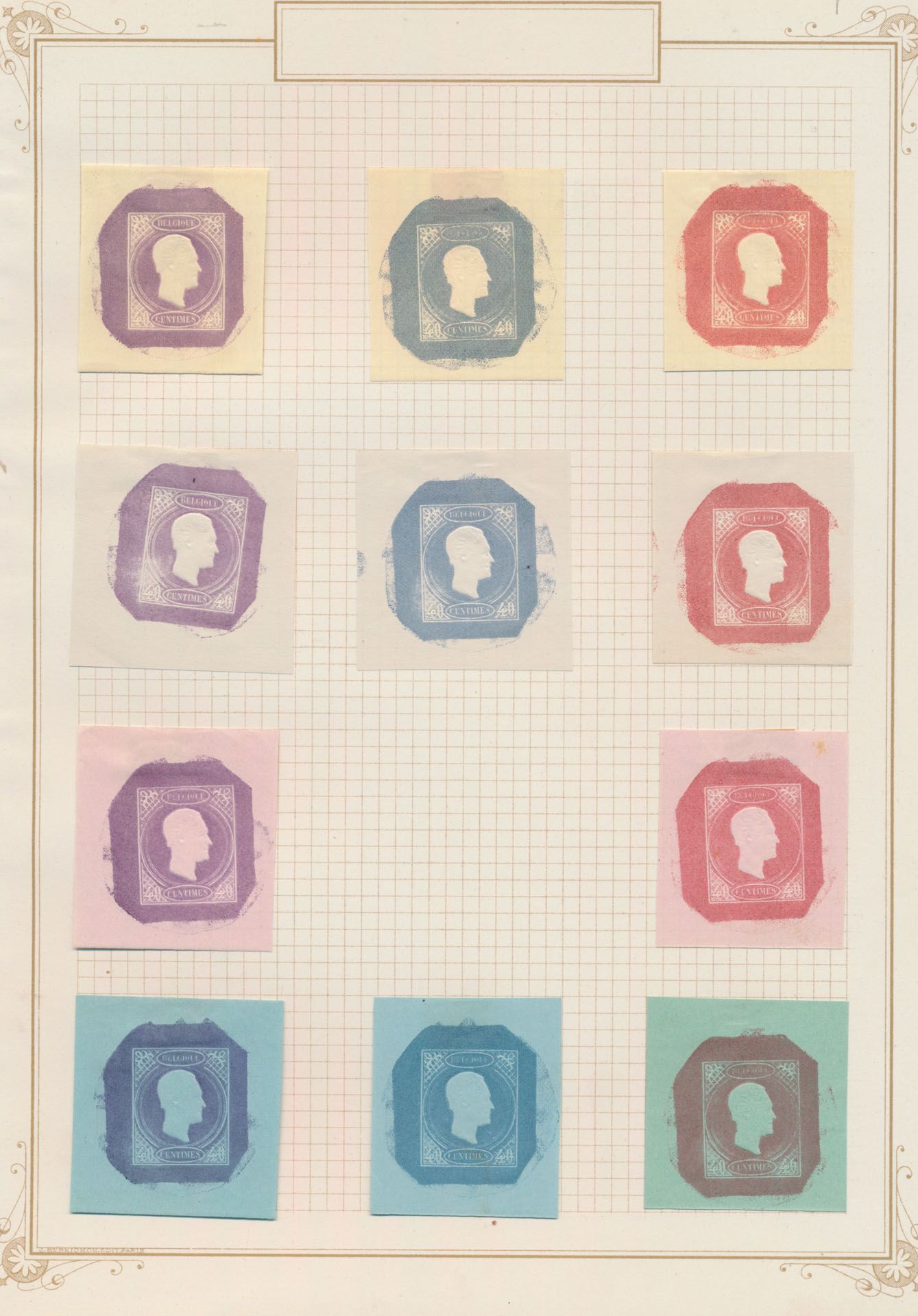 Competition 1864, unadopted design by J. Delpierre, 15 private reprints in different colours on different papers, vf/f.