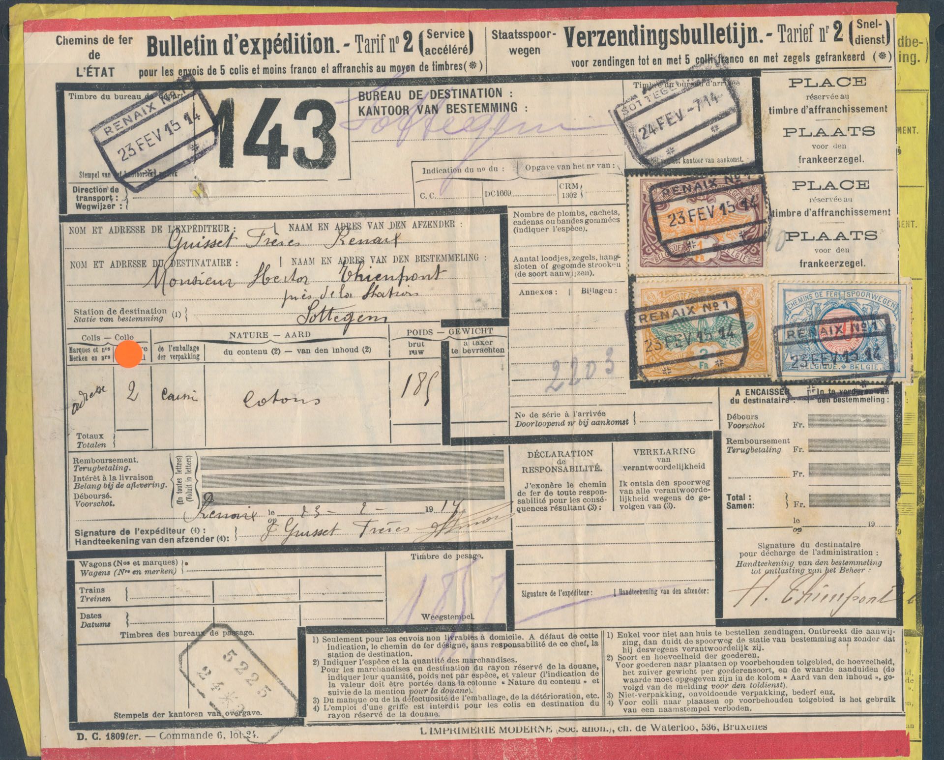 1914 Staatsspoorwegen - Verzendingsbulletijn - Tarief N° 1 (Express), tweetalig. Vanuit Sotteghem, dd. 24 feb. 1914, naar Bruxelles  en  Tarief N° 2 (Sneldienst), tweetalig. Vanuit Renaix, dd. 23 feb. 1914, naar Sottegem. Zeer mooi. Zie scan, zm