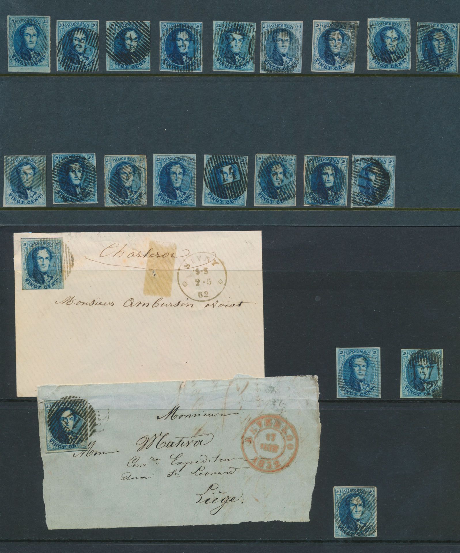 Médaillons non dentelés '20c bleu', 24 ex. (dont 2x sur lettre - Sivry et Beverloo ), tous timbres d'oblitération distribution, dont de très beaux (D11, D36, D53, D57, etc.), zm/m/ntz (Haut COBA).