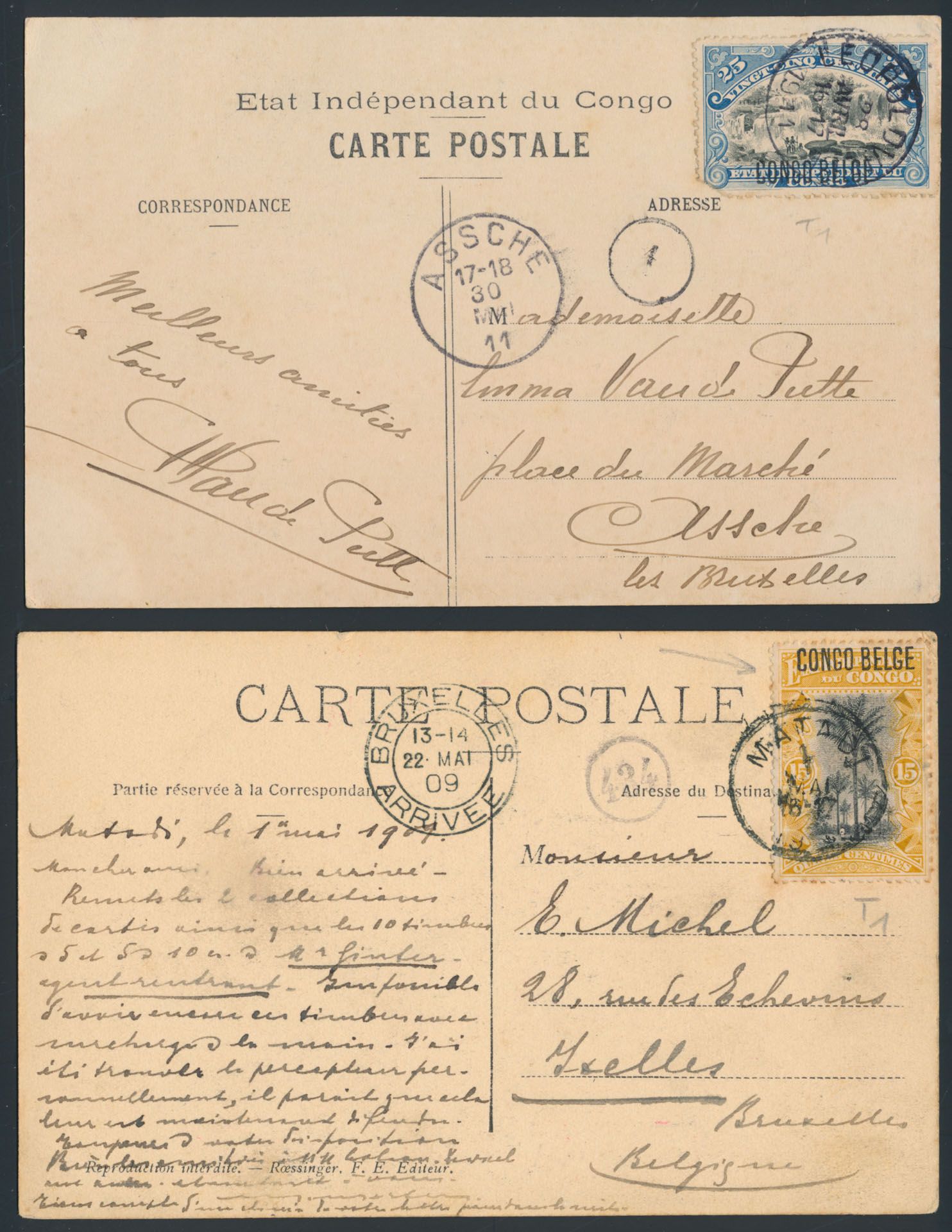 1909/1911, 2 picture postcards franked with overprinted CONGO BELGE stamps , one with 15c from Matadi 1909 to Brussels and one with 25c type 1 (franked at cover rate) sent from Leopoldville 1911 to Assche / Belgium, vf/f