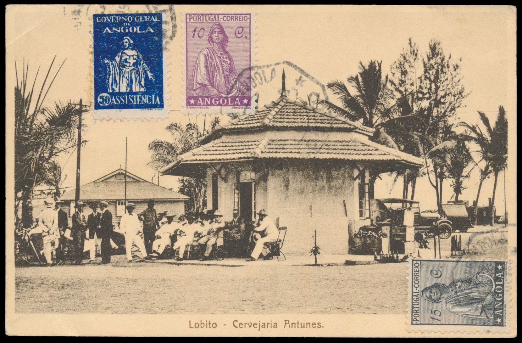Picture postcard written on board of paquebot THYSVILLE (1) at Lobito / Angola and sent to Boulogne-sur-Mer / France, paquebot cachet on front, Angolan stamps cancelled at Lobito / Angola, uncommon, vf