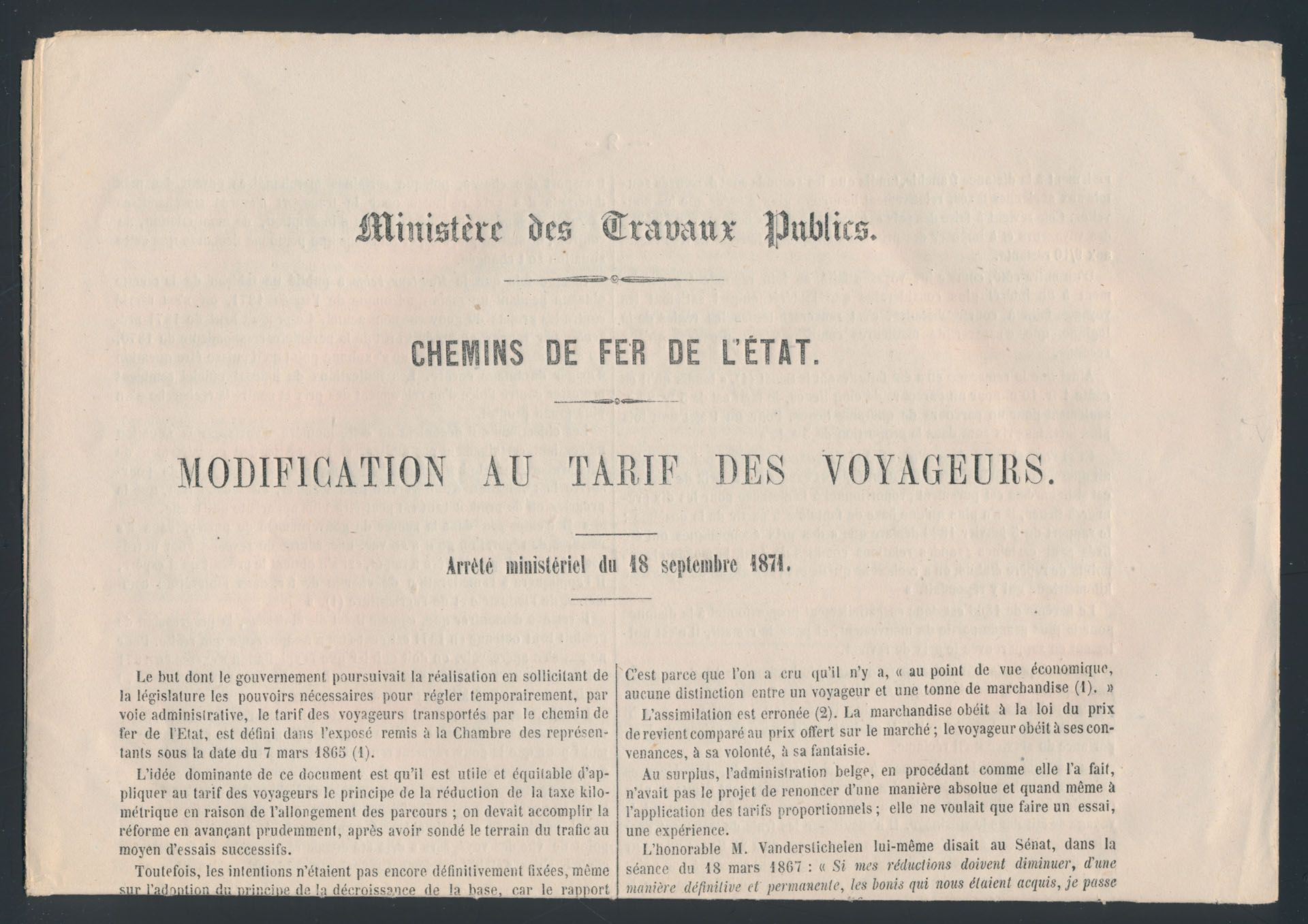 1871 Ministère des travaux publics - Chemins de Fer de l'état - Wijziging van de tarieven van de passagiers ( Ministerieel besluit van 18 september 1871 ) Document van 7 blz., zm