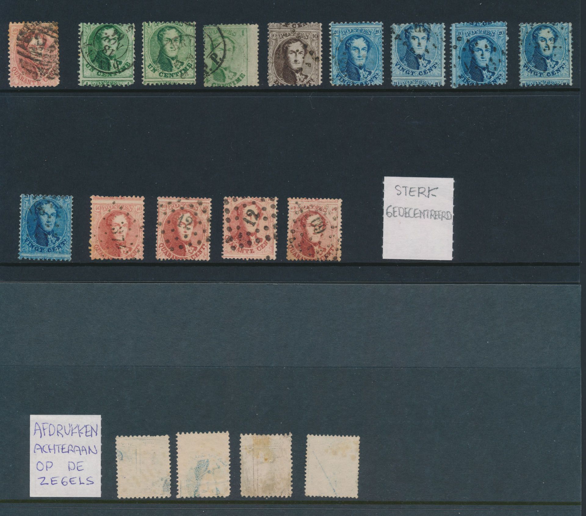 N° 13/16, 14 pièces toutes avec impression mal centrée (effigie du timbre décentrée), 4x avec impression au verso du timbre, zm/m/ntz