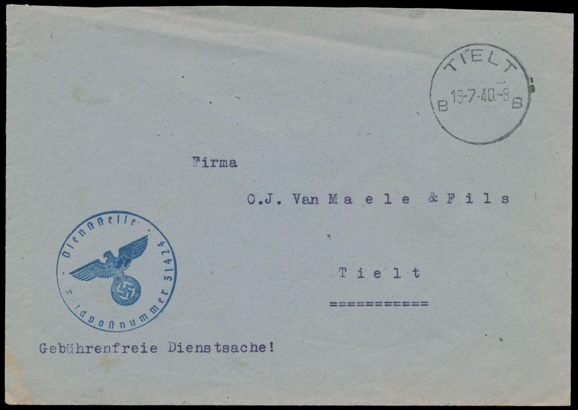 1940 Brief in portvrijdom van Tielt 19-7-40, franchise locale, met feldpoststempel (n° 31424), zm 