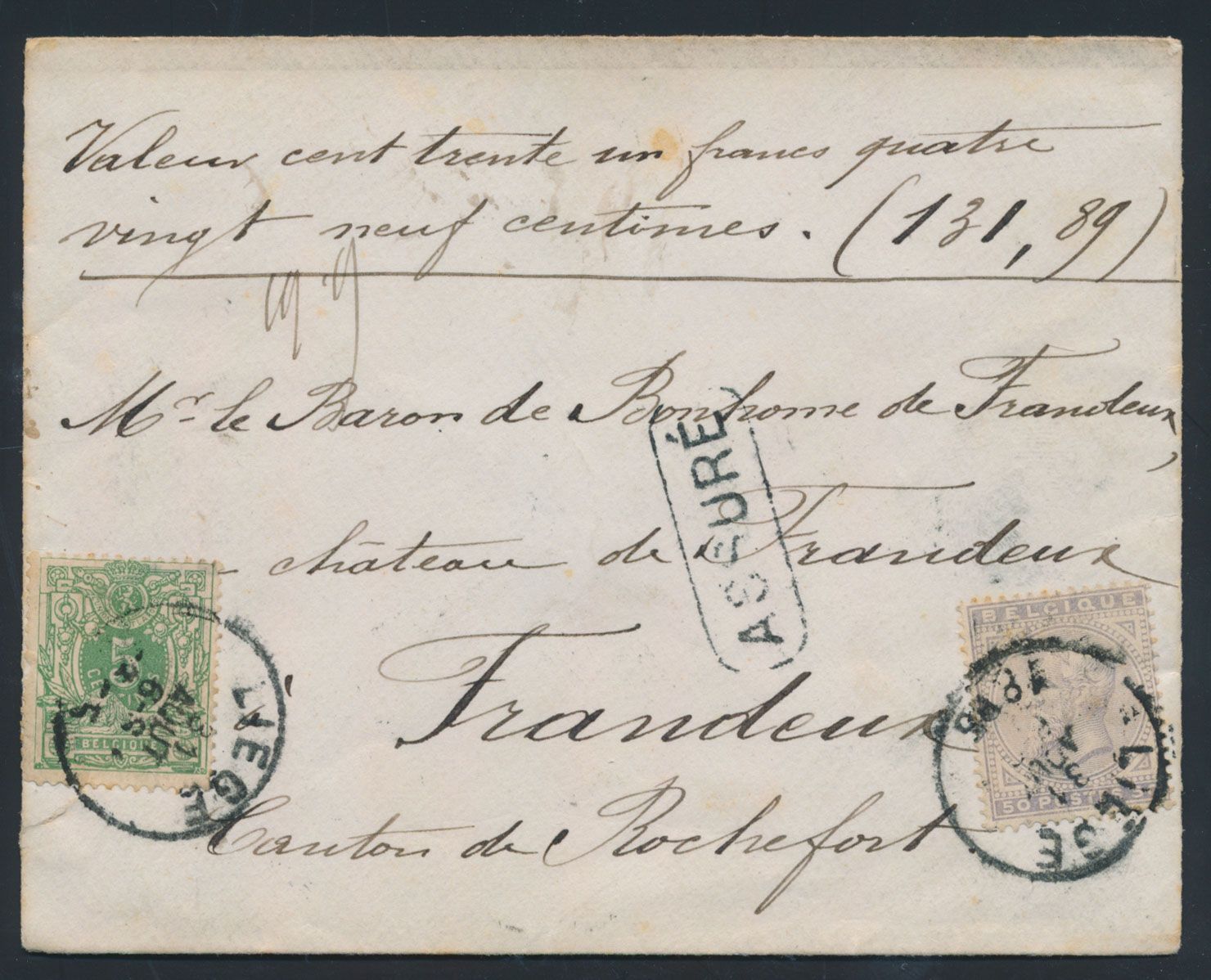1885 Nos 41 and 45, insured letter of 131.89 francs, weight 19.9 grams, sent from Liège, dd.31/08/85, to Frandeux, arrival postmark Rochefort. Franking 55 Centsiem, vf.