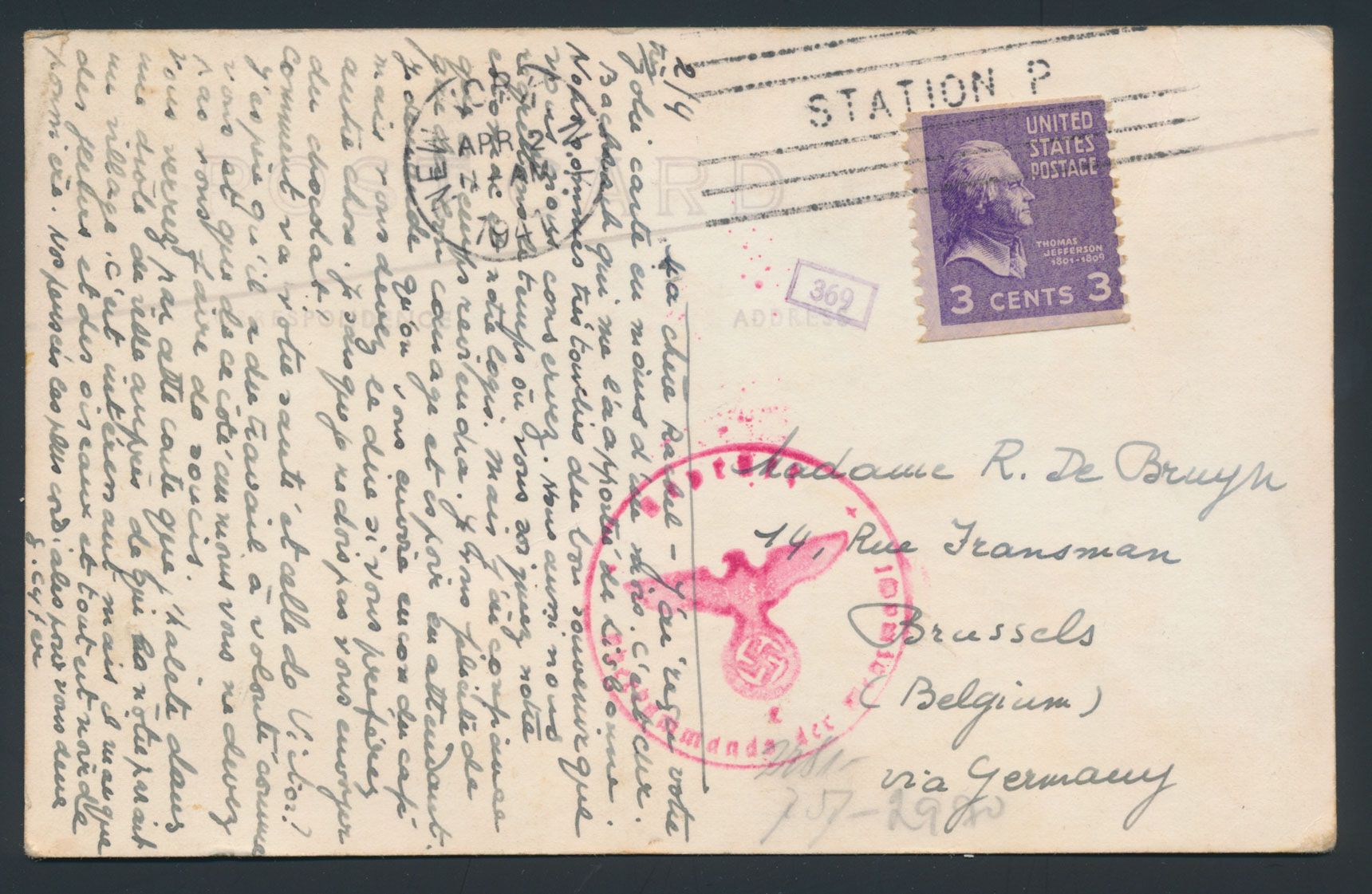 1941 Censuur postkaart, vanuit Amerika (New York), dd. 2 april 1941, naar Brussel. Yv. n° 382, 