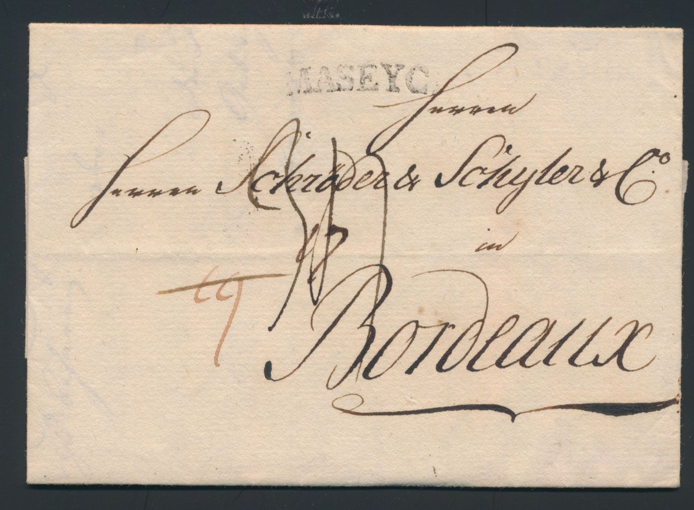 1790, voorloper met inhoud, vanuit Hirsberg, dd. 6 augustus 1790, naar Bordeaux (Frankrijk), met grensstempel 