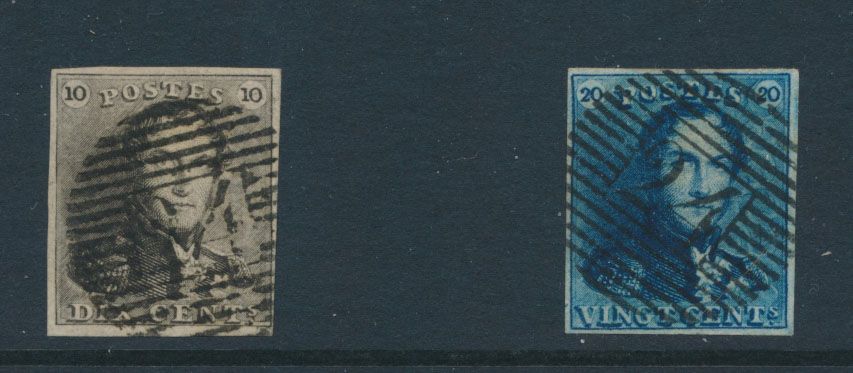 Nos 1 + 2, both fully margined with margins, with central cancel P.24-Bruxelles, several griffs and colour spots present, vf (OBP €150)