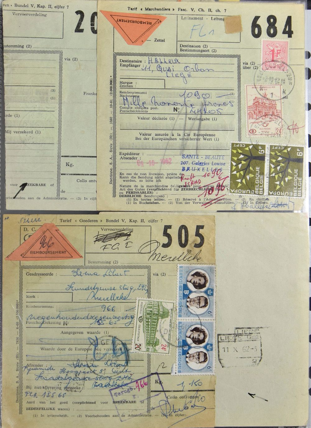 1948/1974 Accumulation of 175 postal colliforms with mix frankings (railway + mail), including refund, express, value, many type Marchand in ring classur, vf/f
