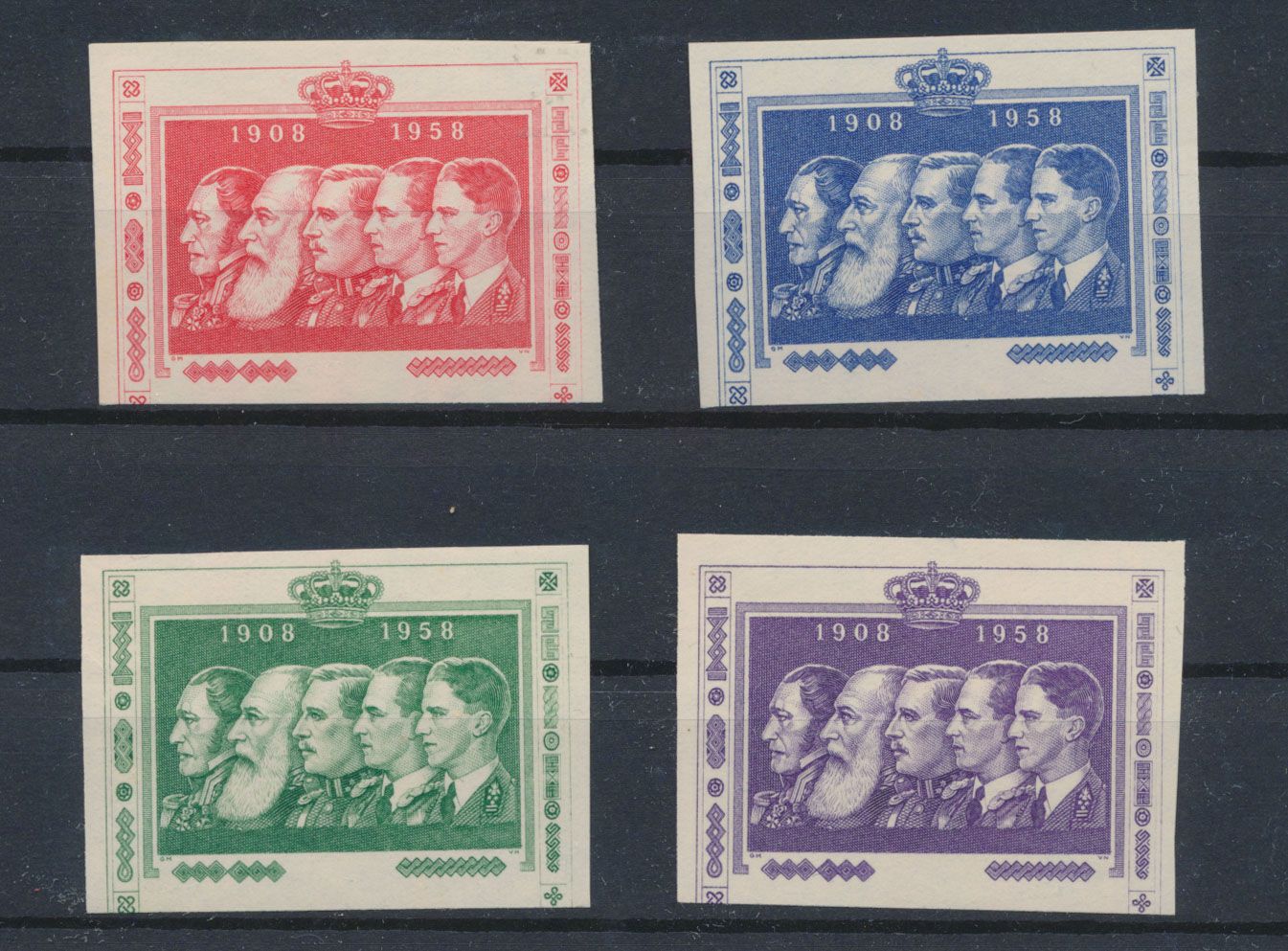 Type 344/49, 4 proofs in unadopted colour, badly cut in the bottom frame of the stamp, in red, blue, green and violet, with gum without hinge, red stamp with rust, f/to be checked
