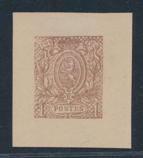 Type STES 1281, 1 privéherdruk door Moens (1870), gebaseerd op originele matrijs van Dargent uit tekening van Delpierre (niet aangenomen ontwerp), in lichtbruin van 