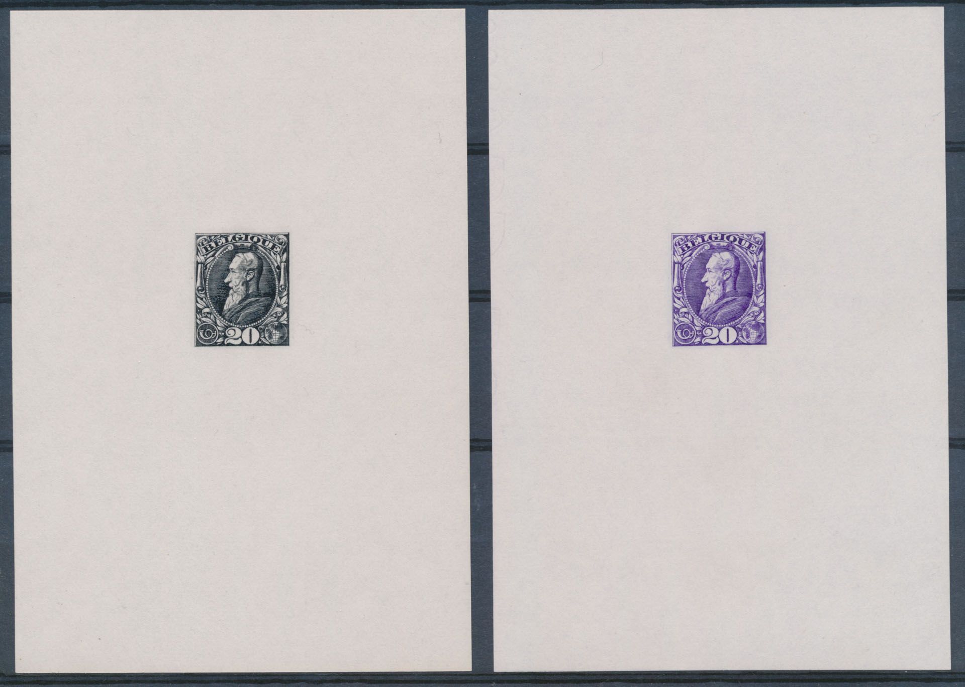 STES 2101 + 2104, 2 proeven van de matrijs van een niet aangenomen ontwerp van E. Petitot (1887), op wit papier, in het violet en zwart, zm 