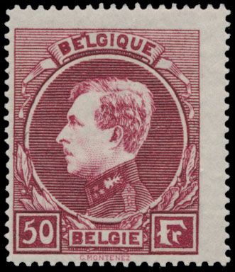 No 291-Cu '50 Fr reddish wine-red' curiosity 'colour point between E and L of Belgique', vf.