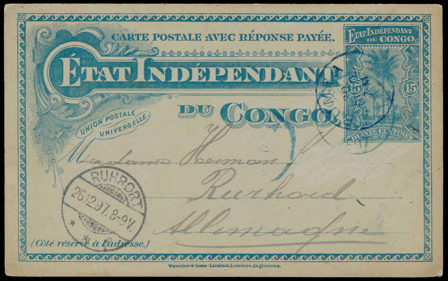 Postal stationery Stibbe 17, demand card only, written at DJABBI/ Congo Free State, on 7 October 1897 and posted at Bumba to Ruhrort / Germany, scarce, vf