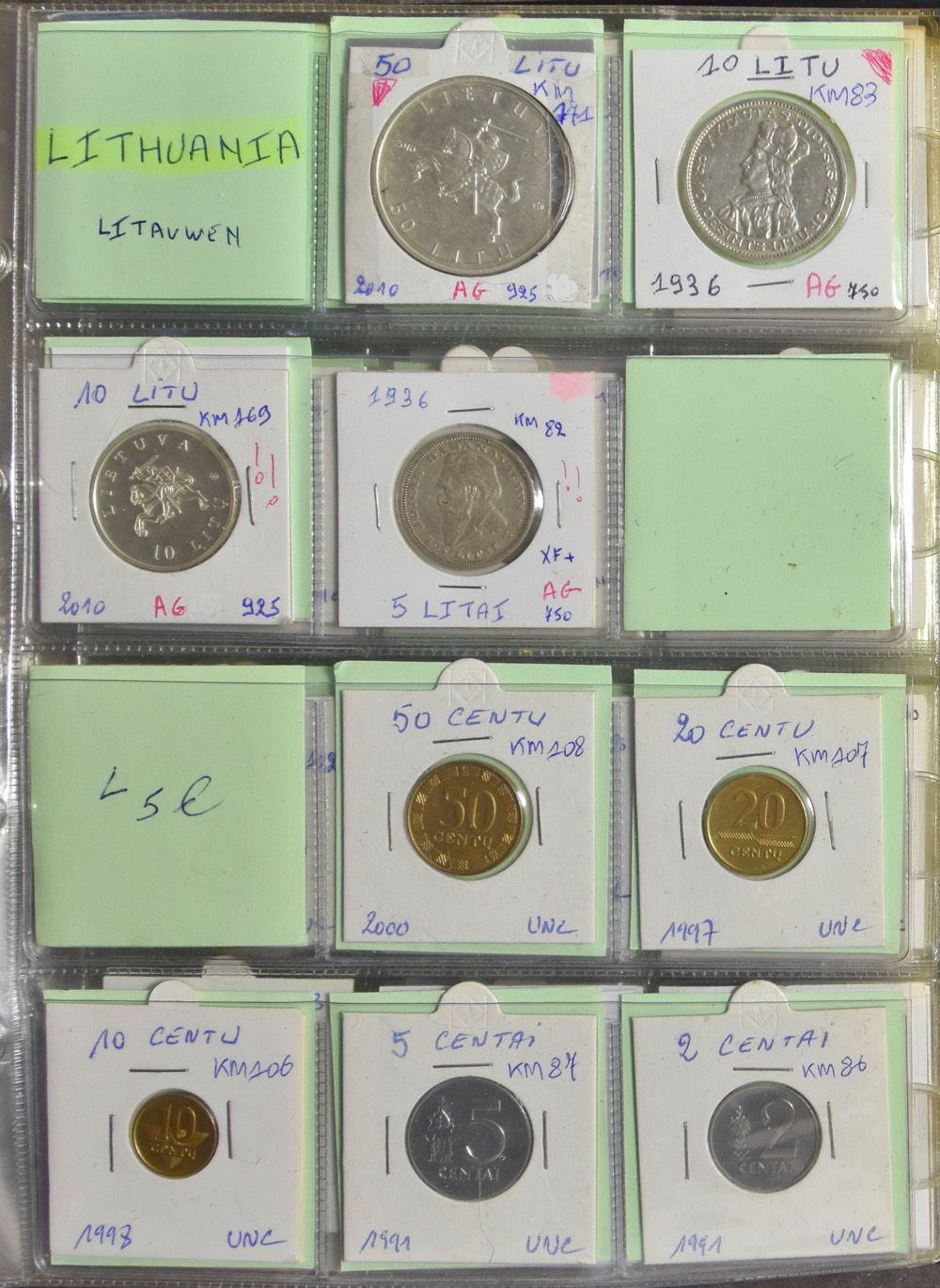 MUNTEN: Letland, Litouwen, Macedonië, Moldavië, Malta, Monaco en Montenegro, samenstelling in album, nettogewicht zilver: 270gr.
