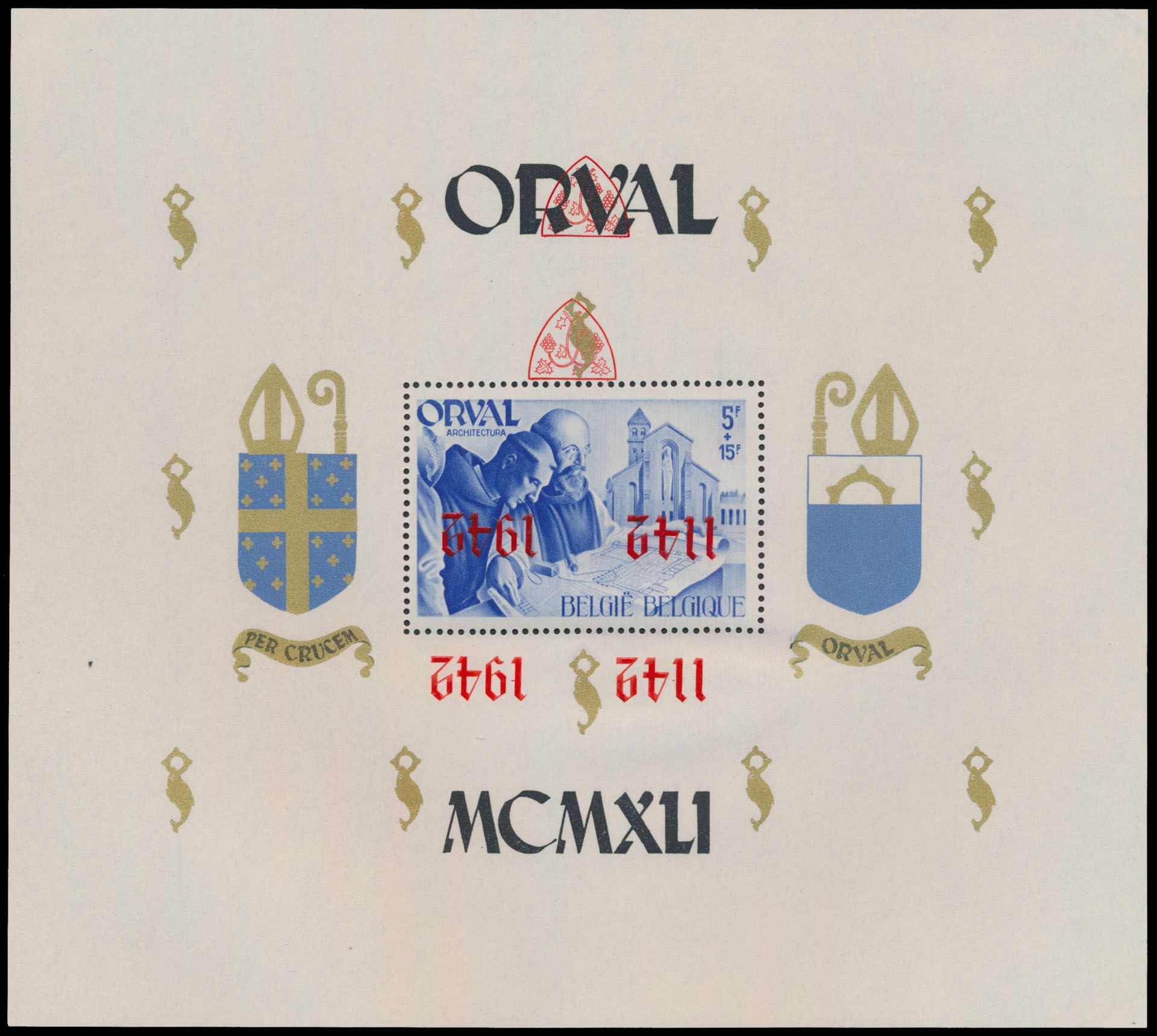 BL 22-Cu, English numerals, perforated, NOT numbered, with double inverted red overprint (shield and 1142 1942), vf (OBP++€120)