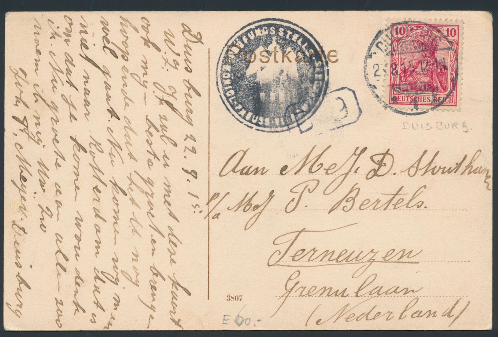 1915 Zichtkaart verstuurd uit Duisburg/Duitsland (24/8/15) naar Terneuzen/Nederland, met Duitse censuur, zm