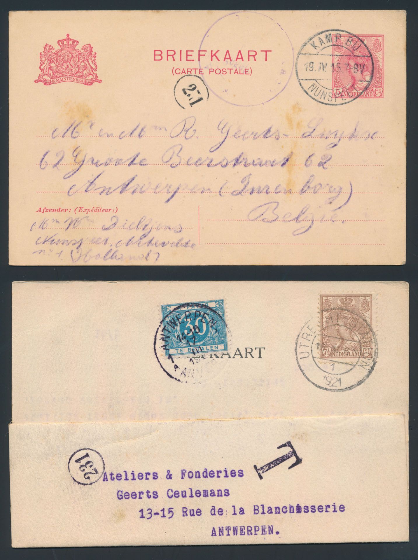 1889/1927, 48 postwaardestukken w.o. aangetekend, veel verstuurd naar Antwerpen, interessant, zm
