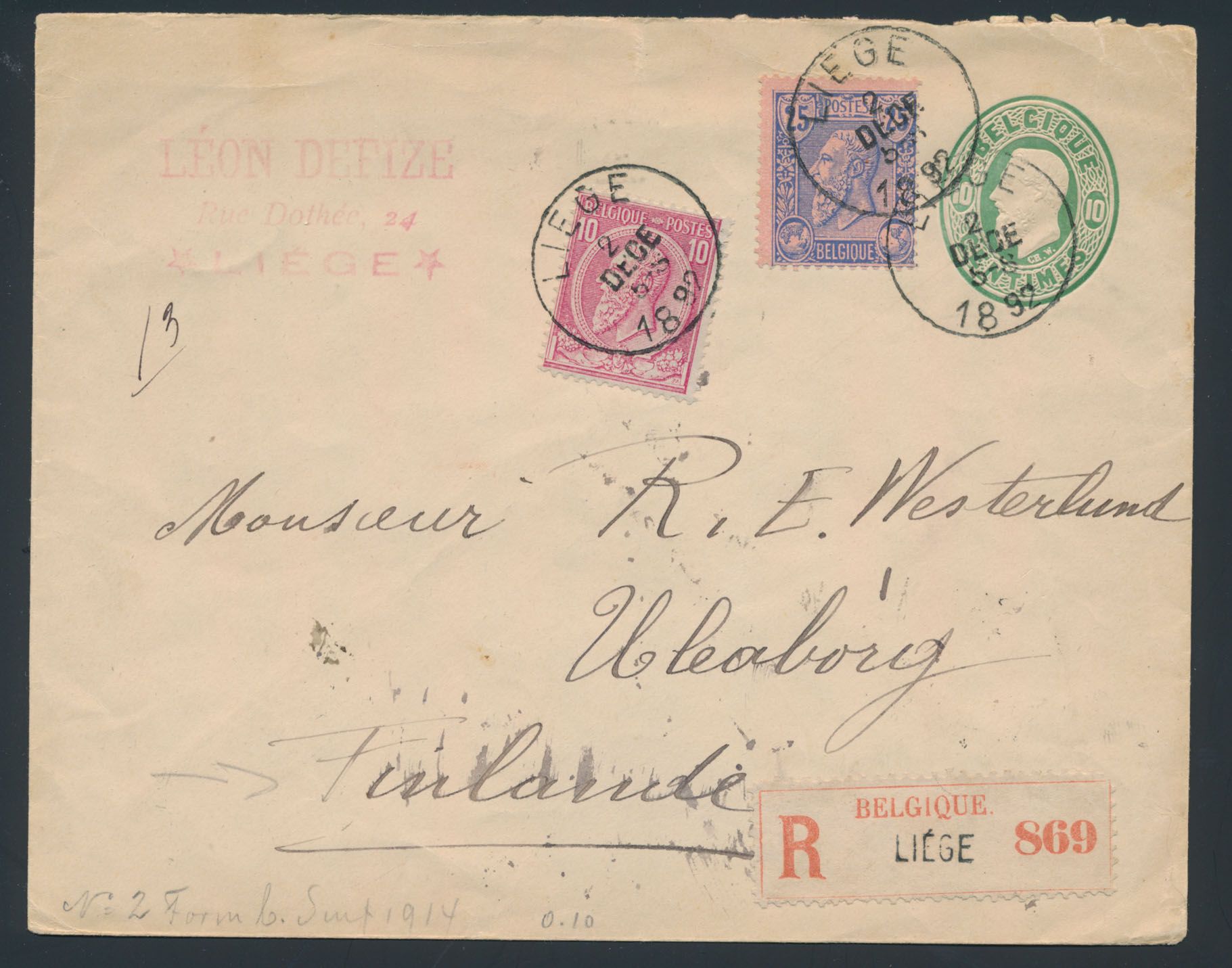 1892 N° 46 and N° 48 on registered stationery N° 4, from Liege with cancel T0, dated 2 December 1892,to Uleaborg (Finland). Back 5 times N° 43, used as pictorial stamp. These are intact as the letter was opened at the top. Manuscript 