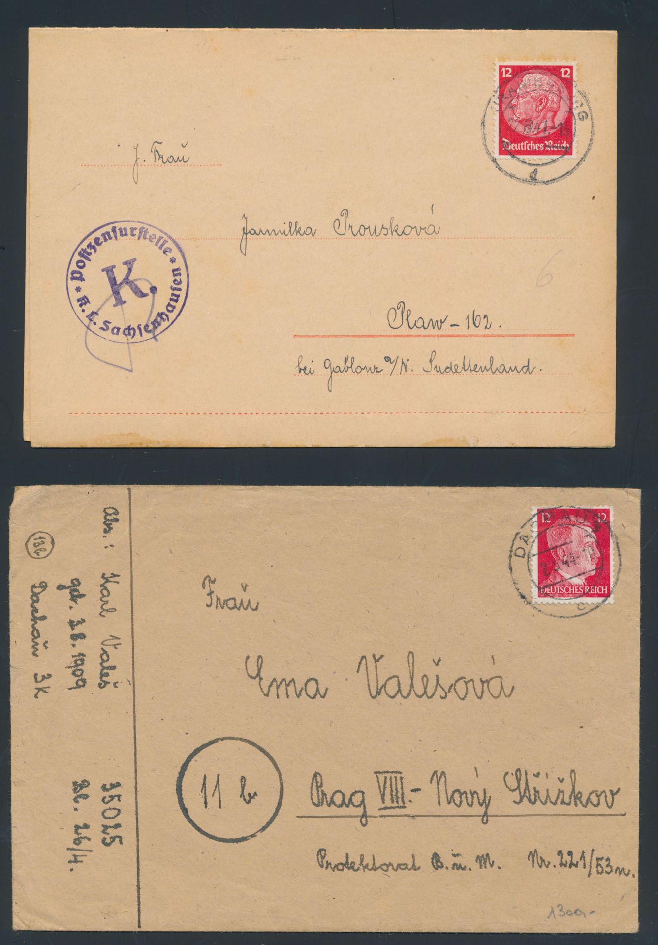 1941, carte préimprimée de Sachsenhausen aux Sudètes et lettre 1944 de Dachau à Prague, tb.
