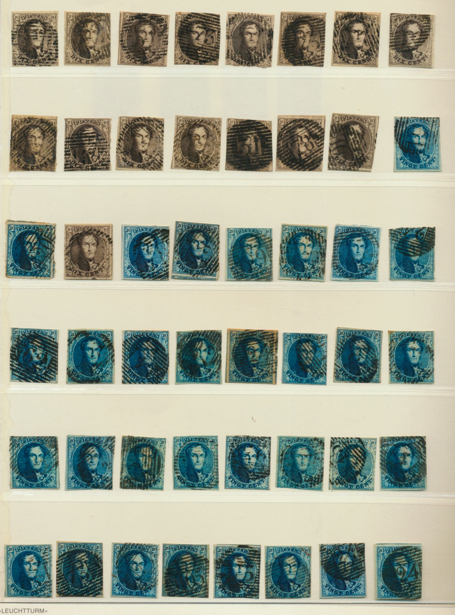 N° 3 (15 ex), N° 4 (32 ex) et N° 5 (1 ex). Collection comprenant quelques timbres à bords entiers, plusieurs griffes et taches, quelques oblitérations. Cote élevée.