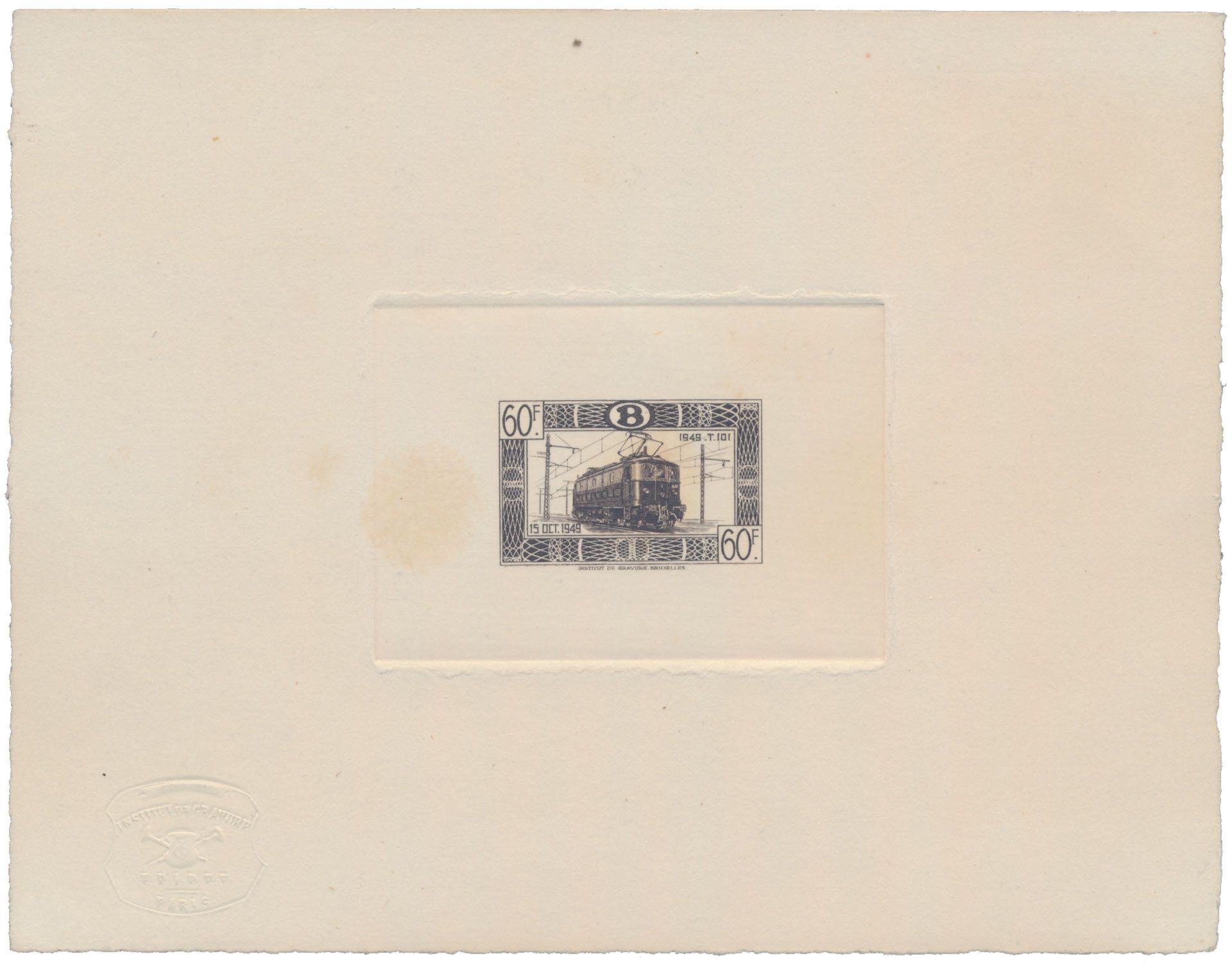 TR 321A Proef vd matrijs in grijszwart, op groot velletje met droogstempel 'Institut de gravure/ Paris', niet vermeld in cat. Stes, (3 vlekken, m/ntz)