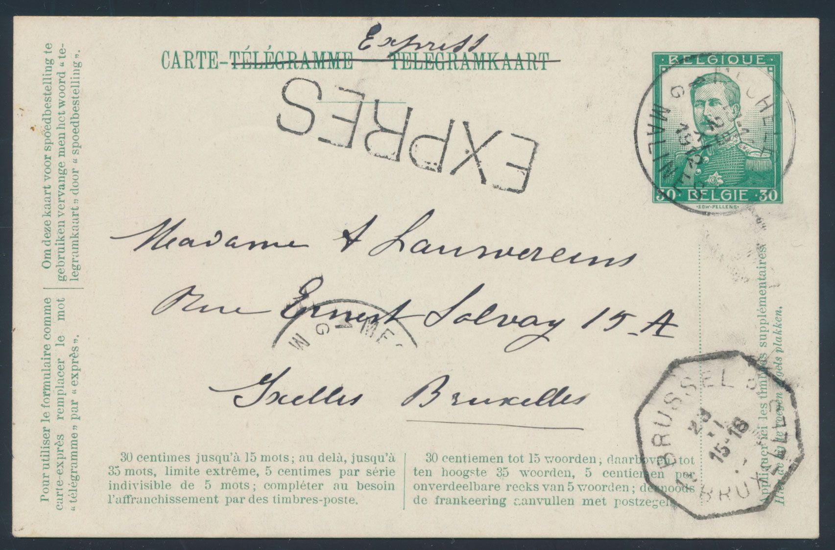 1912 Telegramkaart 17, 1912 (15 mei) Type Pellens (140 x 90 mm), 30 Cent groen op lichtgroen, met Expres stempel en manuscript 