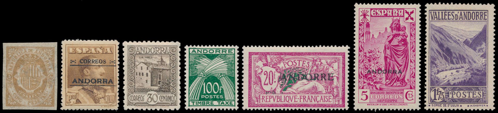 1931/2000 Verzameling Frans en Spaans Andorra in Davo album, Frans gedeelte met o.a. Yv. 1/23, landschappen, quasi volledig, Spaans gedeelte met o.a. voorlopers 1875 (non émis), Yv. 1/2 (4pts zonder gom), 15A/27A Europa 1972 **, zm/m/ntz
