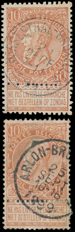 Ambulante samenstelling van 15 exemplaren (w.o. Est, Ostende-Bruxelles, Arlon-Bruxelles, Herbesthal-Bruxelles, etc.) op verschillende zegels zoals, N° 30, N° 57, Liggende leeuw…. (voor de specialist), zm