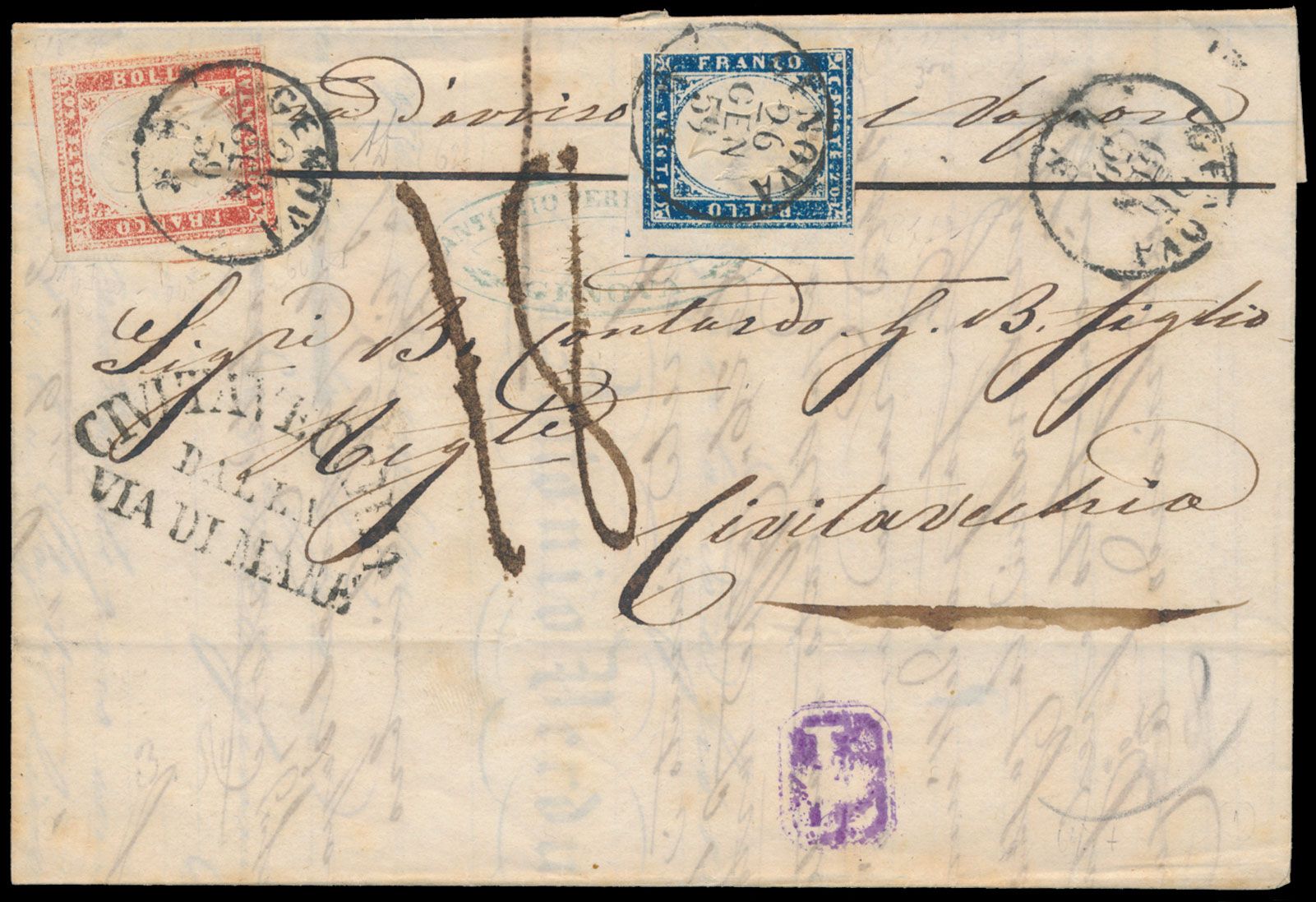 1859, interesting letter from Genova to Civitavecchia, franked Sassone 15Bb and 16B, vf.