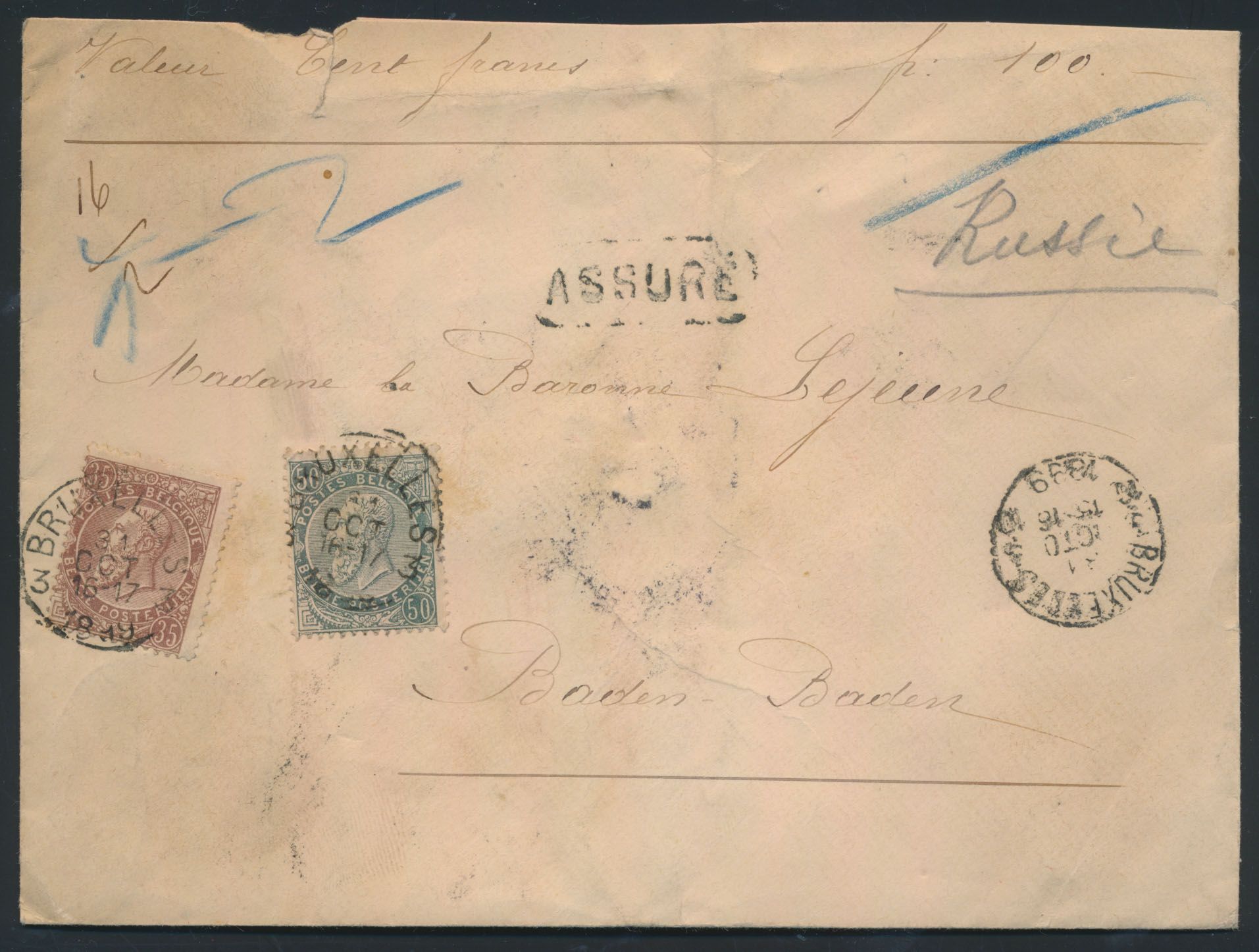 1889 Nos 61 and 63, insured letter of 100 francs, weight 16 grams, sent from Bruxelles, dated 31/10/89, to Baden-Baden (Germany). Back 6 wax seals, franking 85 Centsiem, vf/f.