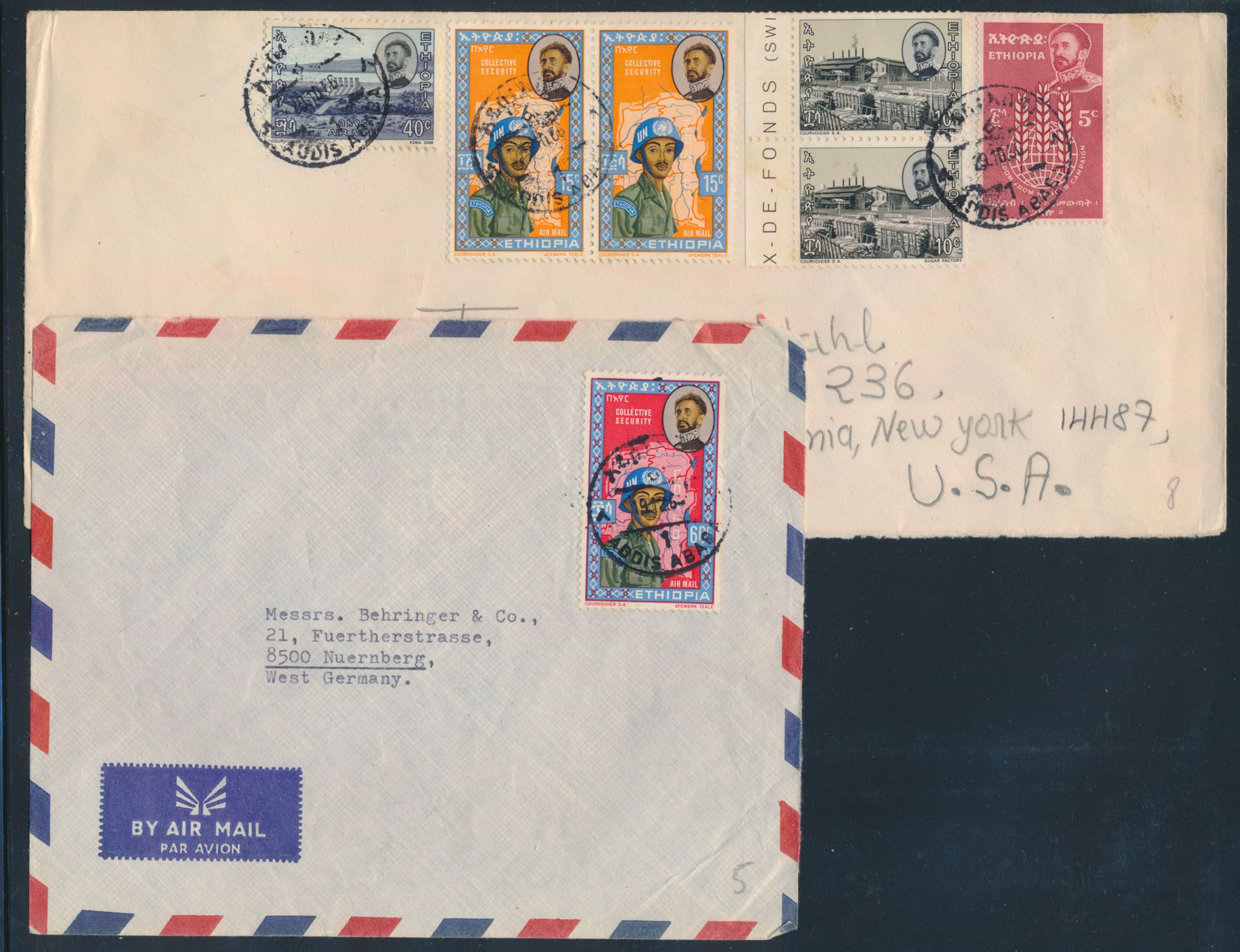 Ethiopië 1964/1966, 2 luchtpost brieven verstuurd uit ADDIS ABEBA naar Duitsland en USA, gefrankeerd met UNO zegels (Congo operation), zm/m