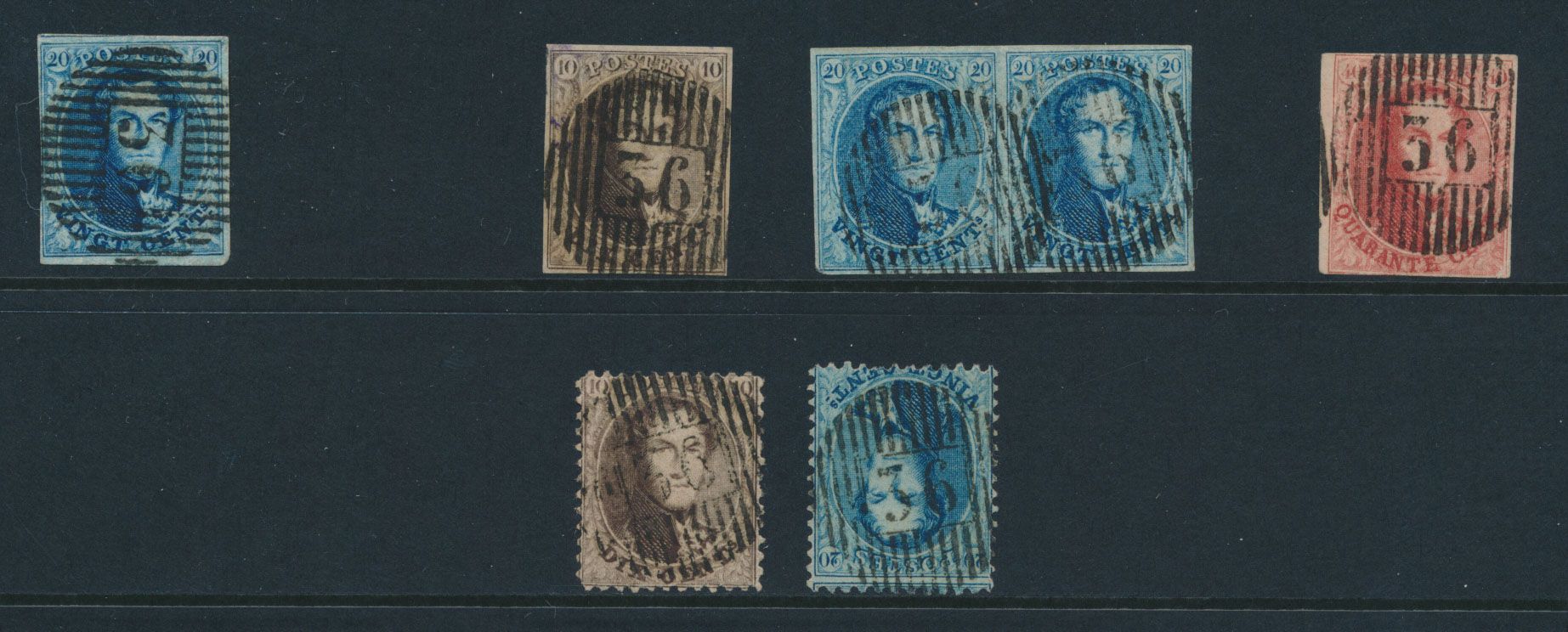 Anthée, Abstempelung D.36, mit Nr. 6, 10, 11 (Paar), 12, 14 und 15, alle vollrandig/gut gezähnt außer Nr. 12 (leicht berührt), zm/ntz (COBA €190)