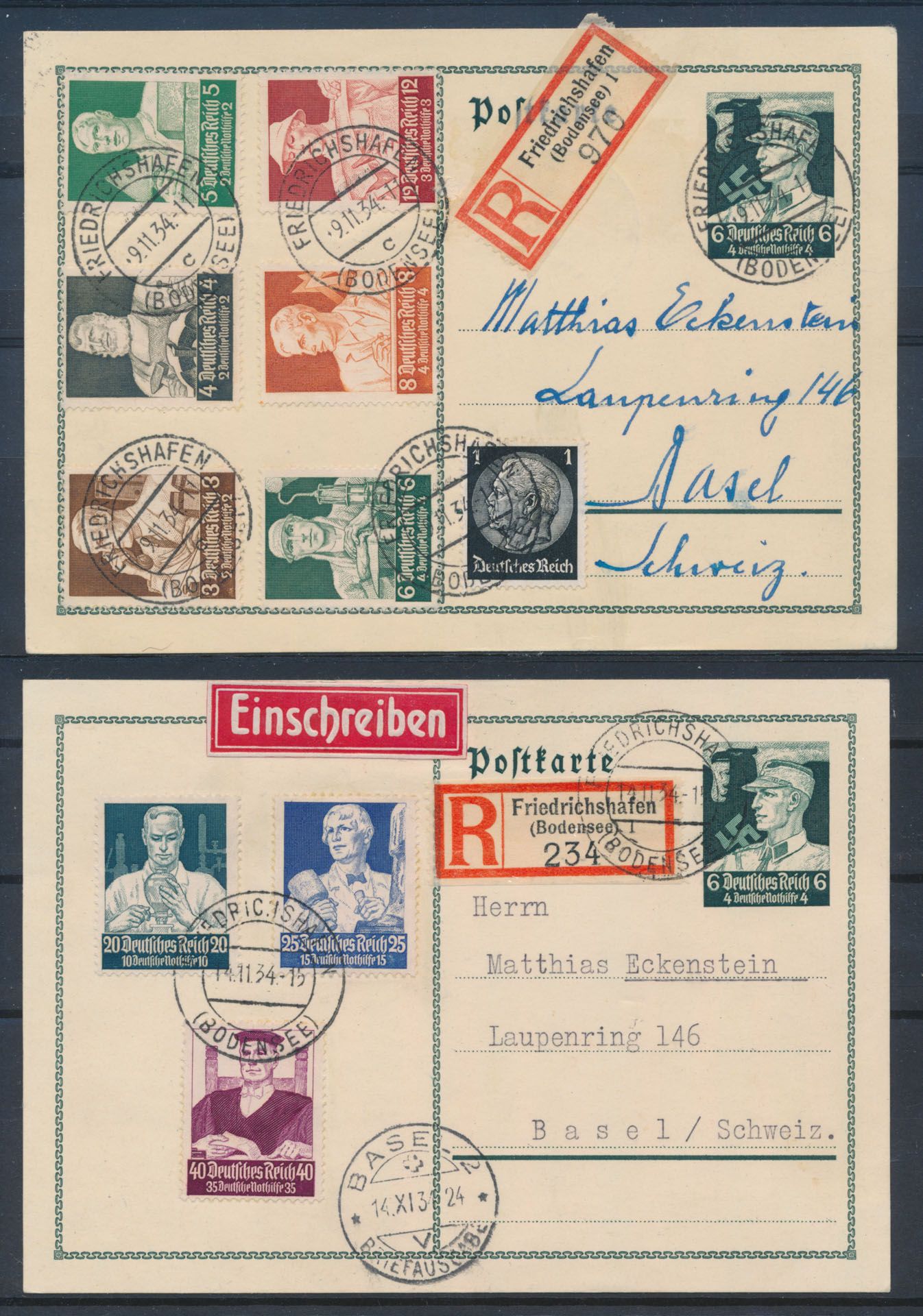 1934, 2 postcards registered from Friedrichshafen to Basel (CH), with the full set of appeals, nice item, vf